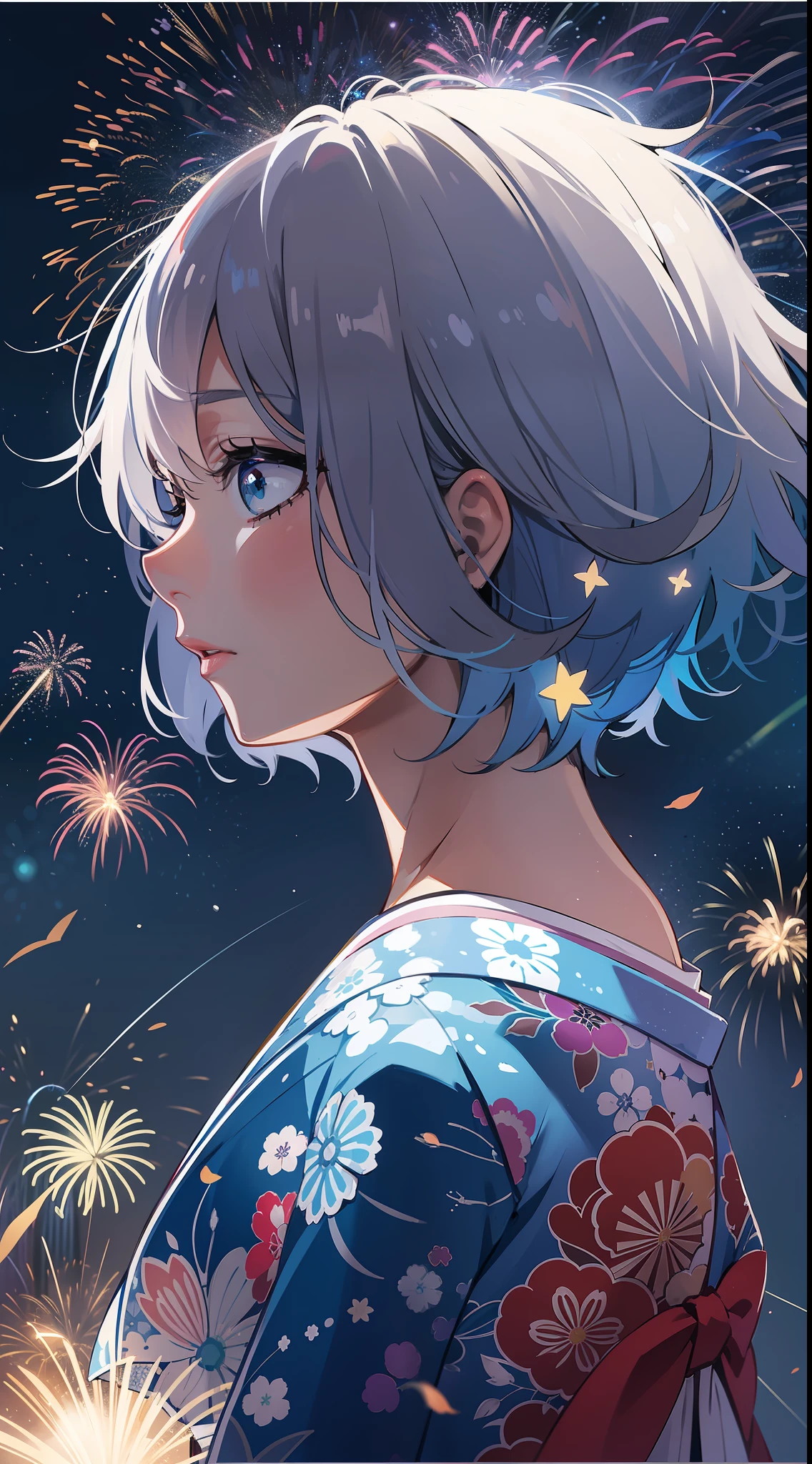 Short-haired woman with silver hair。Wearing a blue kimono。Watching fireworks。The starry sky is colorful and shining。It is an anime-style illustration。Beautiful with the best image quality。Fantastical。Standing in the midst of fireworks。