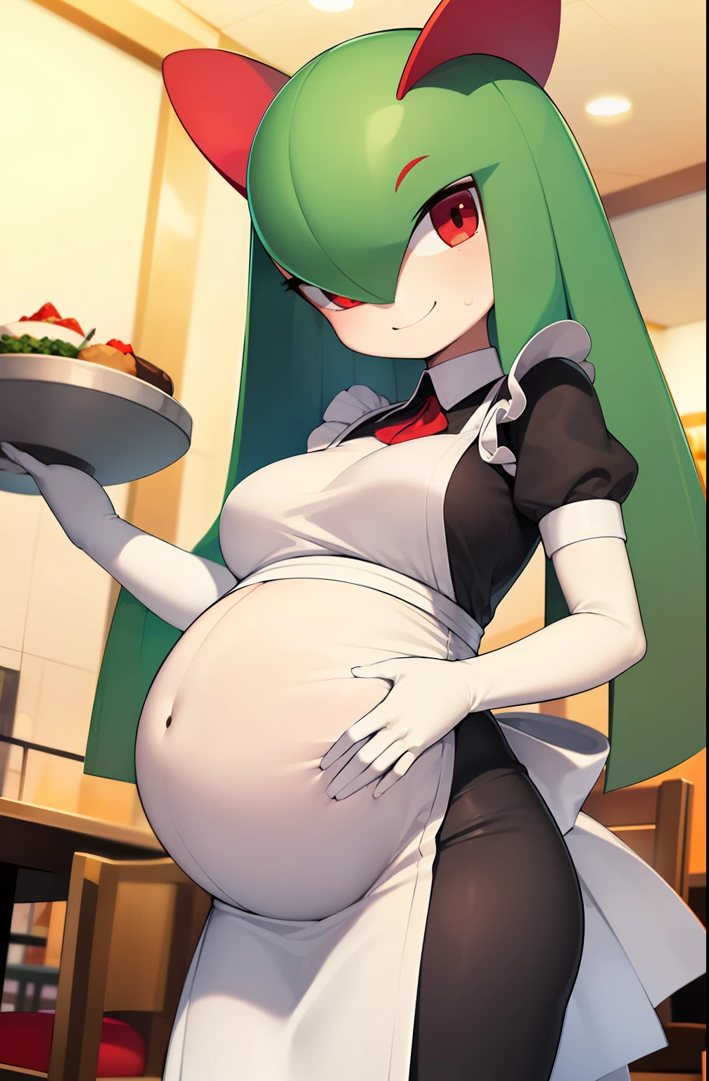 masterpiece, best quality, 1 girl, solo, kirlia, green hair, red eyes, female breasts, medium breasts, in a restaurant, smiling, maid uniform, black clothes, pregnant, carries a tray under her arm.