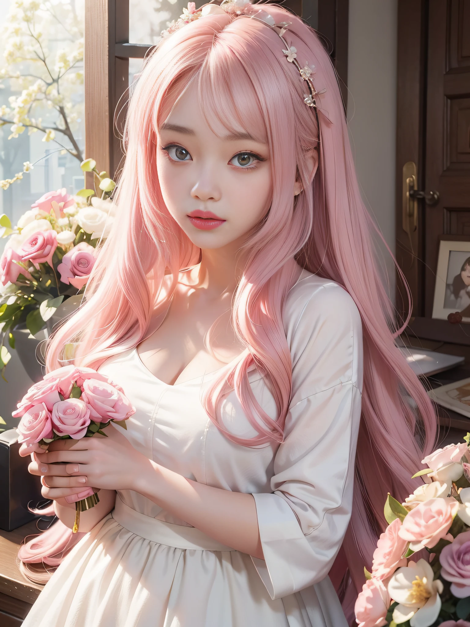 Long Light Hair,Close to face,Chinese big eyes girl with lipstick on her lips, Realistic scene style, Light pink and light maroon, Bouquet in hand,I can't believe how beautiful this is, pixar-style, pixar-style, pixar-style, pixar-style,Light white and dark pink, cartoon character