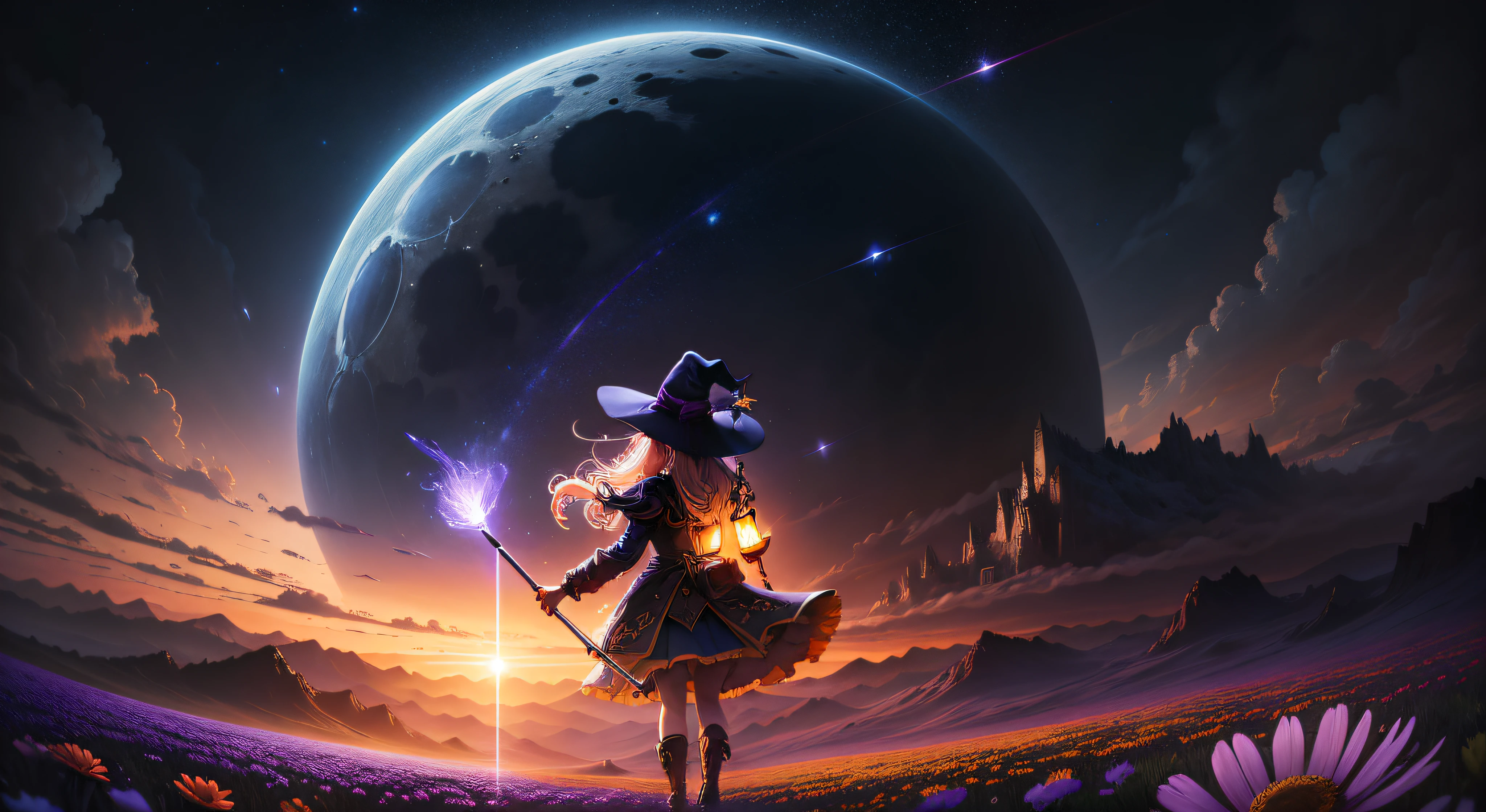 Expansive landscape photograph,(look from down,Above is the sky,Below are open fields),A witch stood on a field of flowers and looked up,(moon full:1.2),(meteors:0.9),(Starcloud:1.3),Far Mountain, Tree BREAK making art,(Warm light source:1.2),(glowworm:1.2),lamp lights,Lots of purple and orange,Complicated details,Volumetric lighting BREAK(tmasterpiece:1.2),(best qualtiy),4K,ultra - detailed,(dynamic compositions:1.4),detail-rich,plethora of colors,(Irridescent color:1.2),(with light glowing,Atmospheric lighting),dream magical,magical,(独奏:1.2)