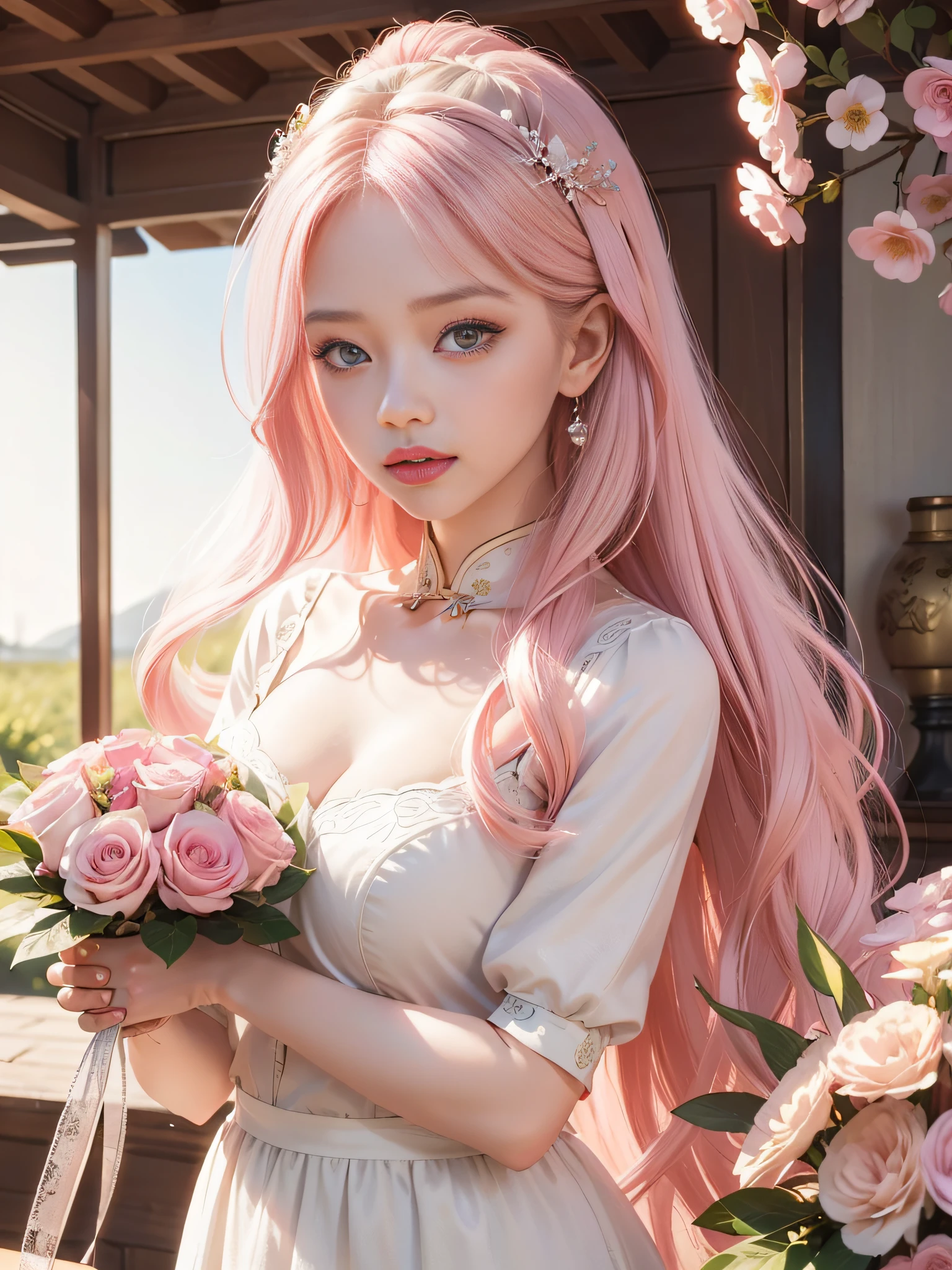 Long Light Hair,Close to face,Chinese big eyes girl with lipstick on her lips, Realistic scene style, Light pink and light maroon, Bouquet in hand,I can't believe how beautiful this is, pixar-style, pixar-style, pixar-style, pixar-style,Light white and dark pink, cartoon character