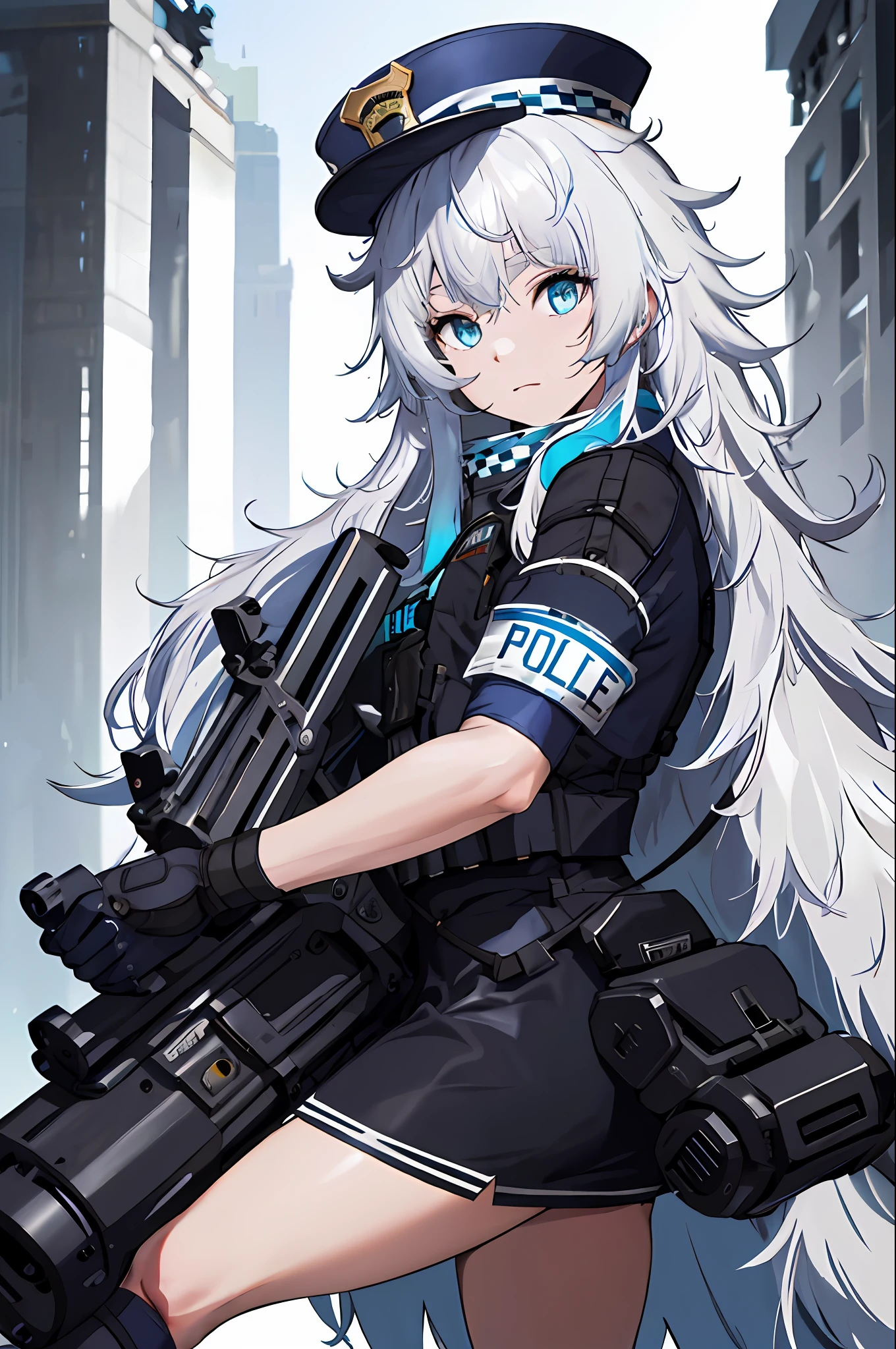 masutepiece, Best Quality, hight resolution, 1girl in, Solo, Long hair, hat, Blue eyes, White hair, hair messy, Black Gloves, White socks, Police Uniform, Black skirt, Short sleeves, Cowboy Shot, posed, Ruins, From Side,Gatling gun