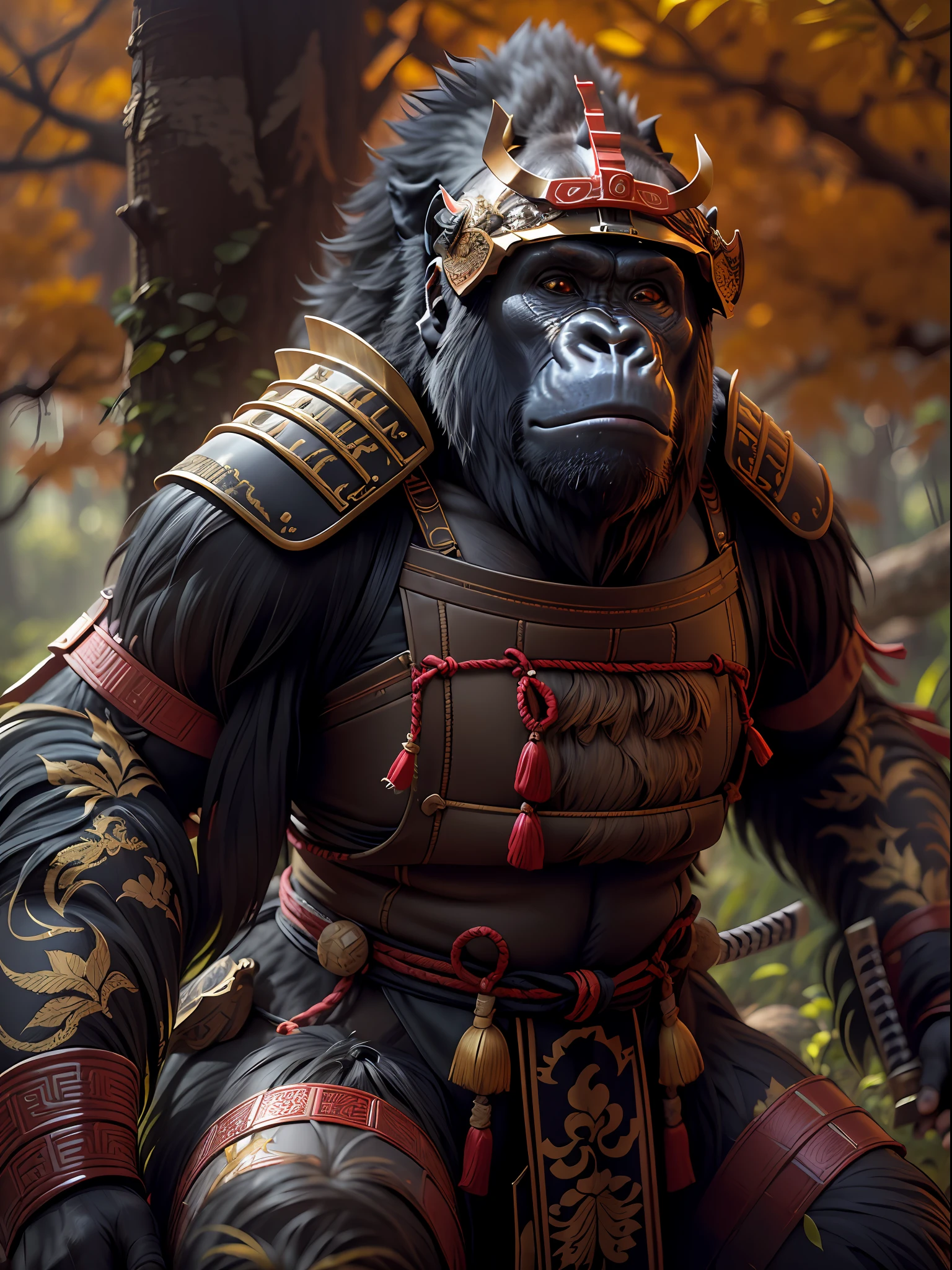 (high resolution, CGI, masterpiece:1.4), (detailed CGI image of a gorilla adorned in a complete samurai armor with a kabuto helmet:1.4), (Nikon Z7 camera, perfect for capturing lifelike textures:1.2), (paired with a Nikon AF-S NIKKOR 85mm f/1.4G lens:1.2), (the gorilla's majestic and powerful physique in full view:1.1), (the samurai armor in striking red with intricate golden details:1.1), (shimmering metallic textures bringing realism to the CGI:1.1), (the kabuto helmet proudly sitting on the gorilla's head:1.1), (intricate engravings and patterns embellishing the armor and helmet:1.1), (the gorilla standing tall and imposing in a forest setting:1.1), (tall trees with lush foliage surrounding the scene:1.1), (sunlight filtering through the canopy, casting dappled shadows:1.1), (the gorilla's eyes exuding a sense of wisdom and determination:1.1), (a captivating fusion of nature and samurai prowess:1.1), (the atmosphere charged with an aura of honor and strength:1.1), Cinematic, Hyper-detailed, insane details, Beautifully color graded, Unreal Engine, DOF, Super-Resolution, Megapixel, Cinematic Lightning, Anti-Aliasing, FKAA, TXAA, RTX, SSAO, Post Processing, Post Production, Tone Mapping, CGI, VFX, SFX, Insanely detailed and intricate, Hyper maximalist, Hyper realistic, Volumetric, Photorealistic, ultra photoreal, ultra-detailed, intricate details, 8K, Super detailed, Full color, Volumetric lightning, HDR, Realistic, Unreal Engine, 16K, Sharp focus, Octane render