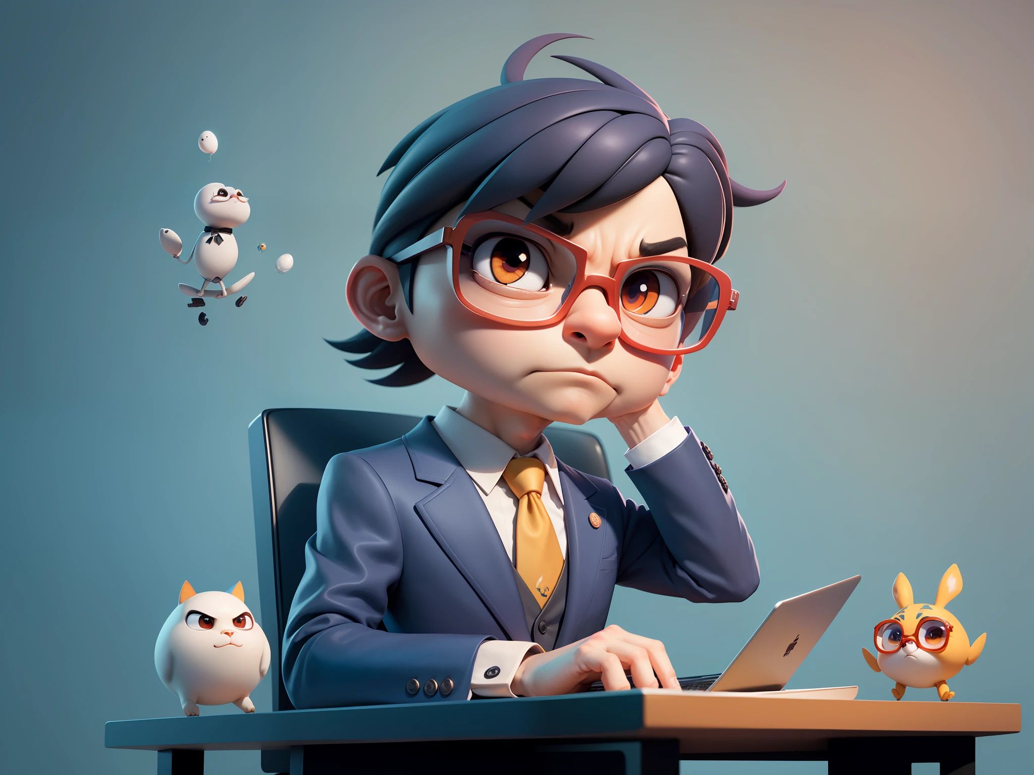 A young man in a suit, Short hair and glasses sat at his desk,holding laptop,digitial painting,tigre,3D character design by Mark Clairen and Pixar and Hayao Miyazaki and Akira Toriyama,4K HD illustration,Very detailed facial features and cartoon-style visuals。