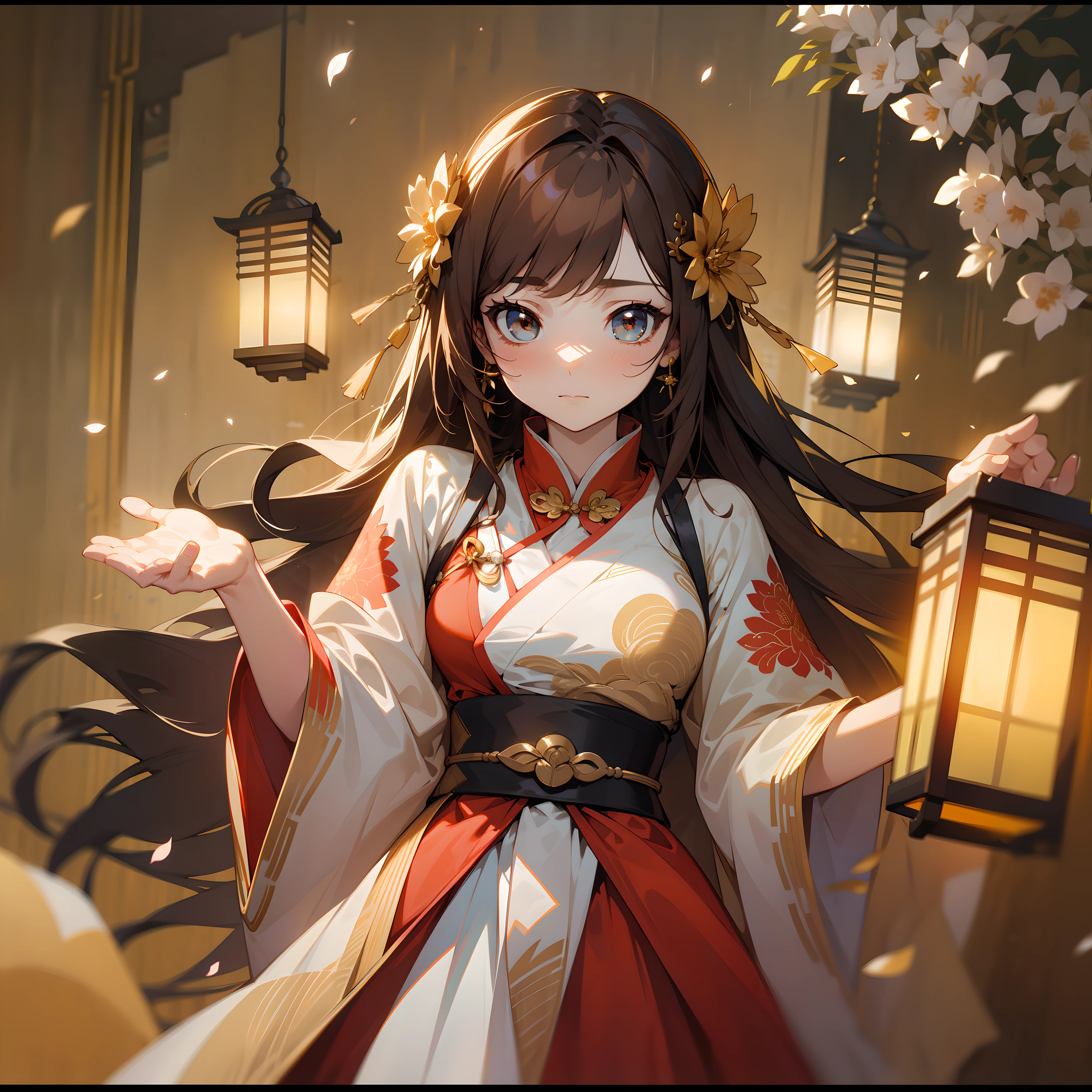 best quality, masterpiece, highres, (exquisite body:1.5),gorgeous face,(milky skin:1.3),intricate details,high resolution,wallpaper,
1girl, solo, dress, hair ornament, (((gold and red dress))), flowers, long hair, brown hair, closed mouth, jewelry, long sleeves, hand up, wide sleeves, big eyes,floating hair, chinese clothes, hanfu, embroidery, long skirt, natural pose, falling petals, indoor,fanning, lantern,
16K,HDR,highres,depth field,(film grain:1.1),boken,golden hour,(lens flare),vignette,rainbowing,(color grading:1.5)