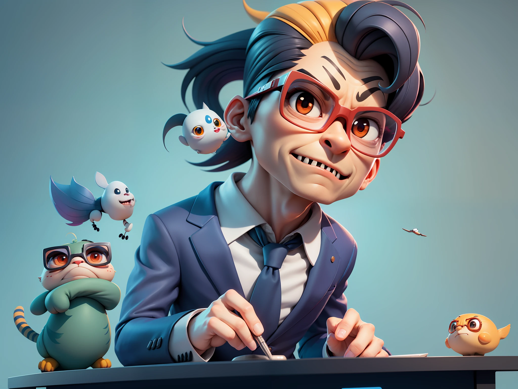 A young man in a suit, Short hair and glasses sat at his desk,holding laptop,digitial painting,tigre,3D character design by Mark Clairen and Pixar and Hayao Miyazaki and Akira Toriyama,4K HD illustration,Very detailed facial features and cartoon-style visuals。