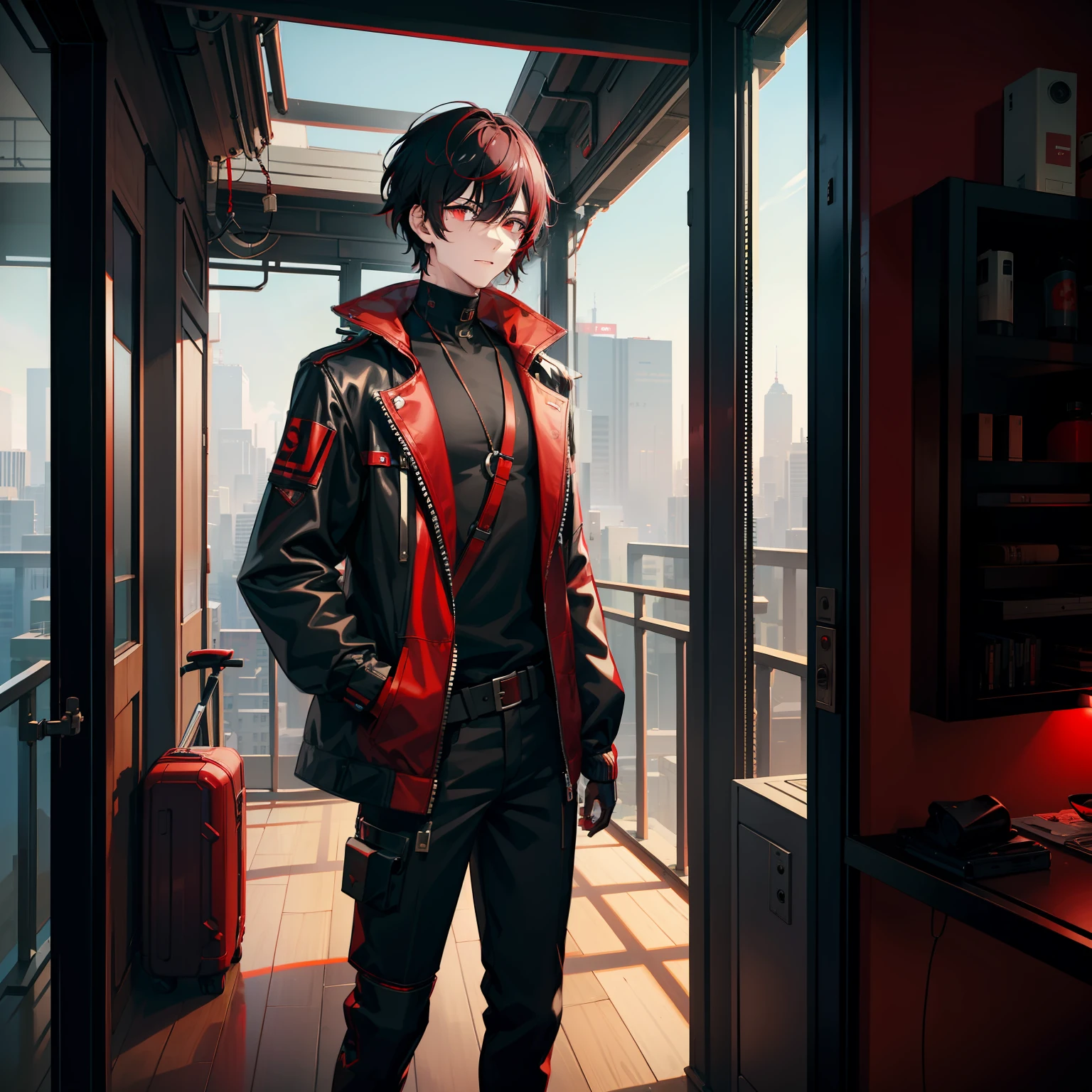 Young man,short hair,red eye,black and red colored hair,short frame,jacket,cyberpunk,scifi,indoors,balcony,nsfw