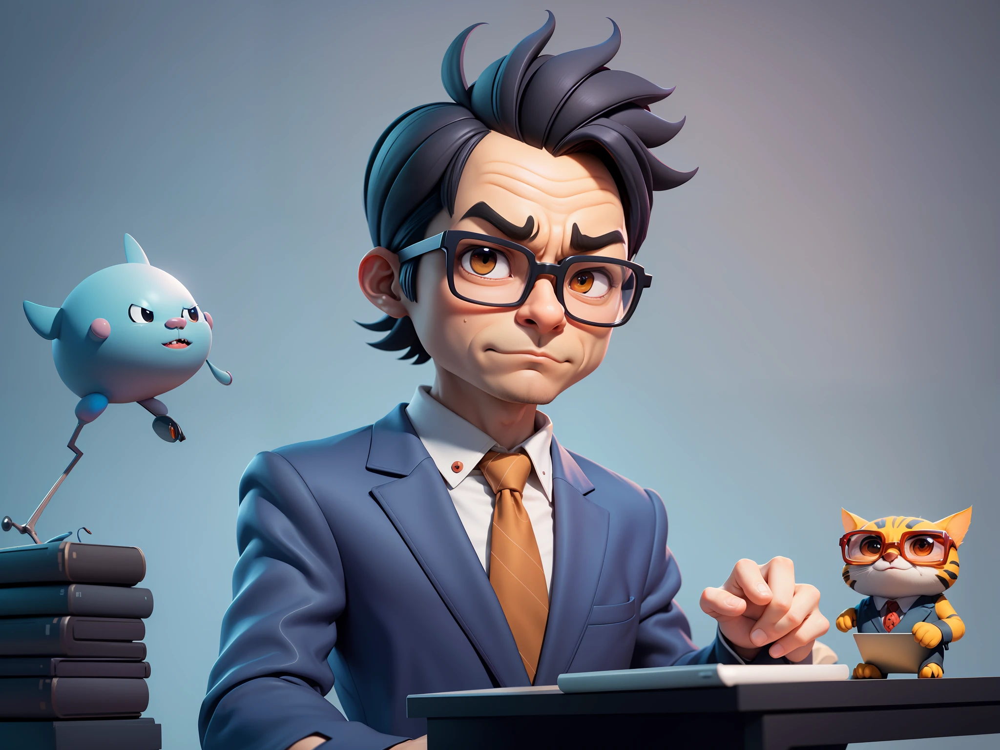 A young man in a suit, Short hair and glasses sat at his desk，holding laptop，digitial painting，tigre，3D character design by Mark Clairen and Pixar and Hayao Miyazaki and Akira Toriyama，4K HD illustration，Very detailed facial features and cartoon-style visuals。