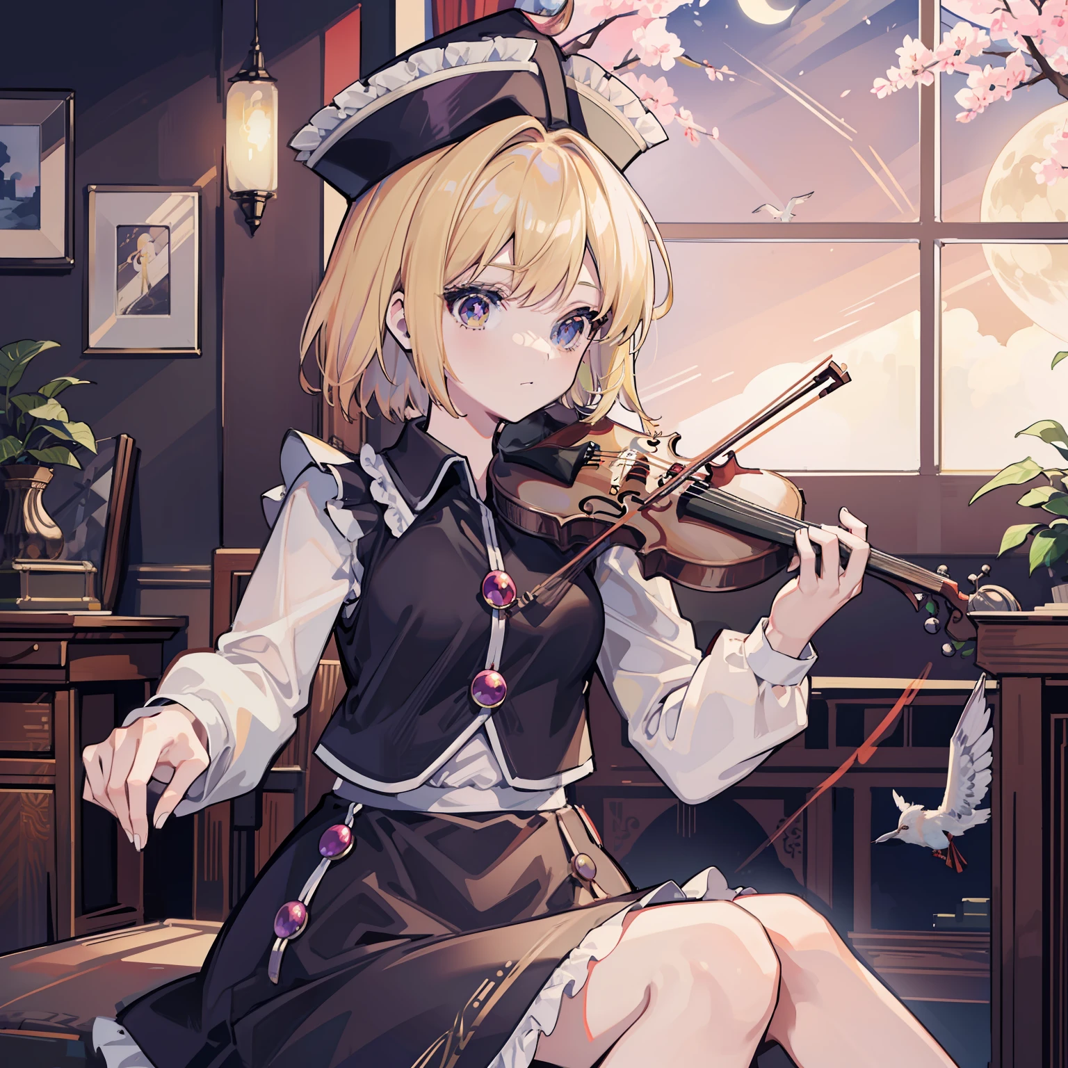 Luna Saprism River playing violin, masutepiece, Fine detail, 4K, 8K, 12K, Solo, One Person, Beautiful Girl, caucasian female, Moonsaplasma, a blond、short-hair、Hats、A lot of birds are flying, Ruined Western House, Indoors, spring, Music room