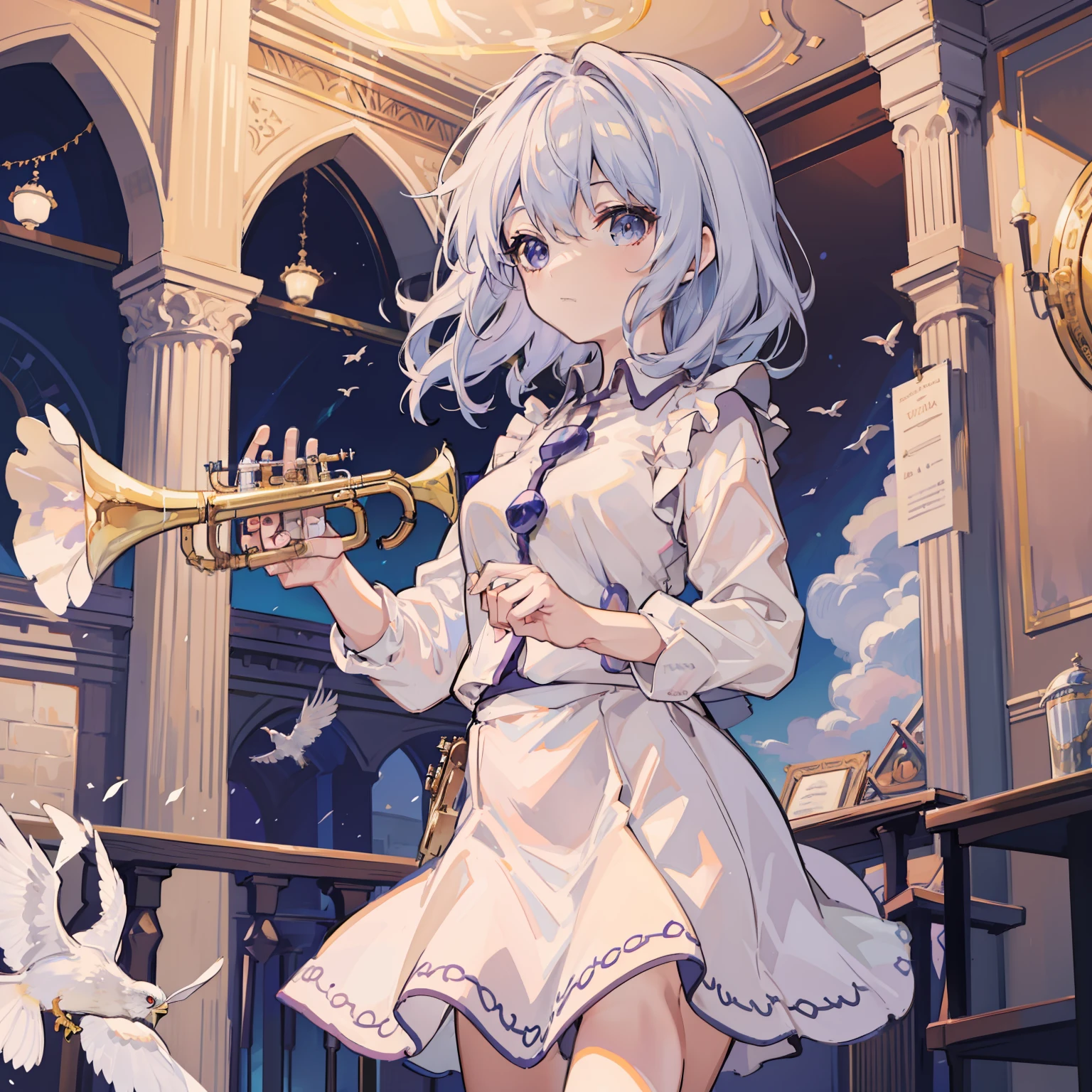 Merlin Rhythm River playing trumpet, masterpiece, fine detail, 4k, 8k, 12k, solo, one person, beautiful girl, white woman, Merlin Rhythm River, spring, bird flying away, air, music room