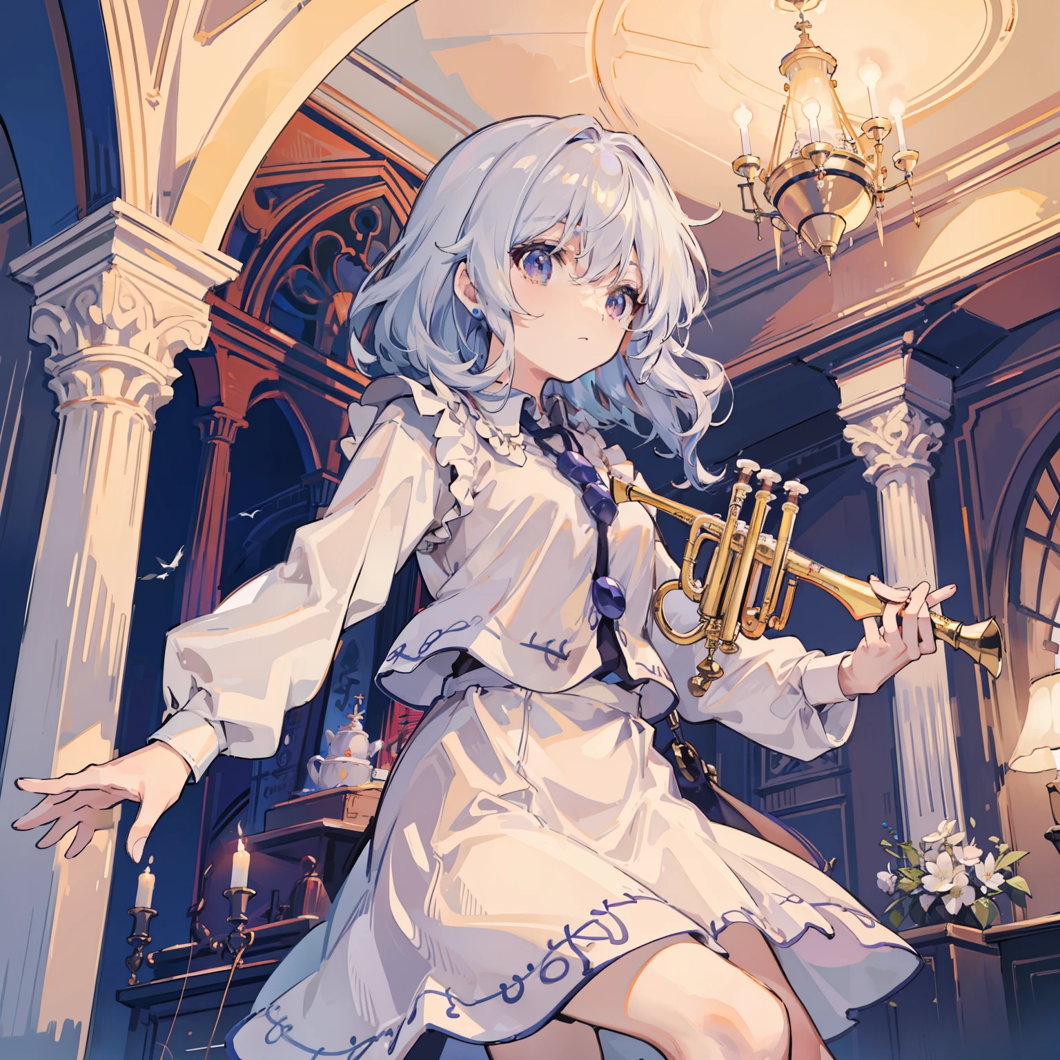 Merlin Rhythm River playing trumpet, masterpiece, fine detail, 4k, 8k, 12k, solo, one person, beautiful girl, white woman, Merlin Rhythm River, spring, bird flying away, air, music room