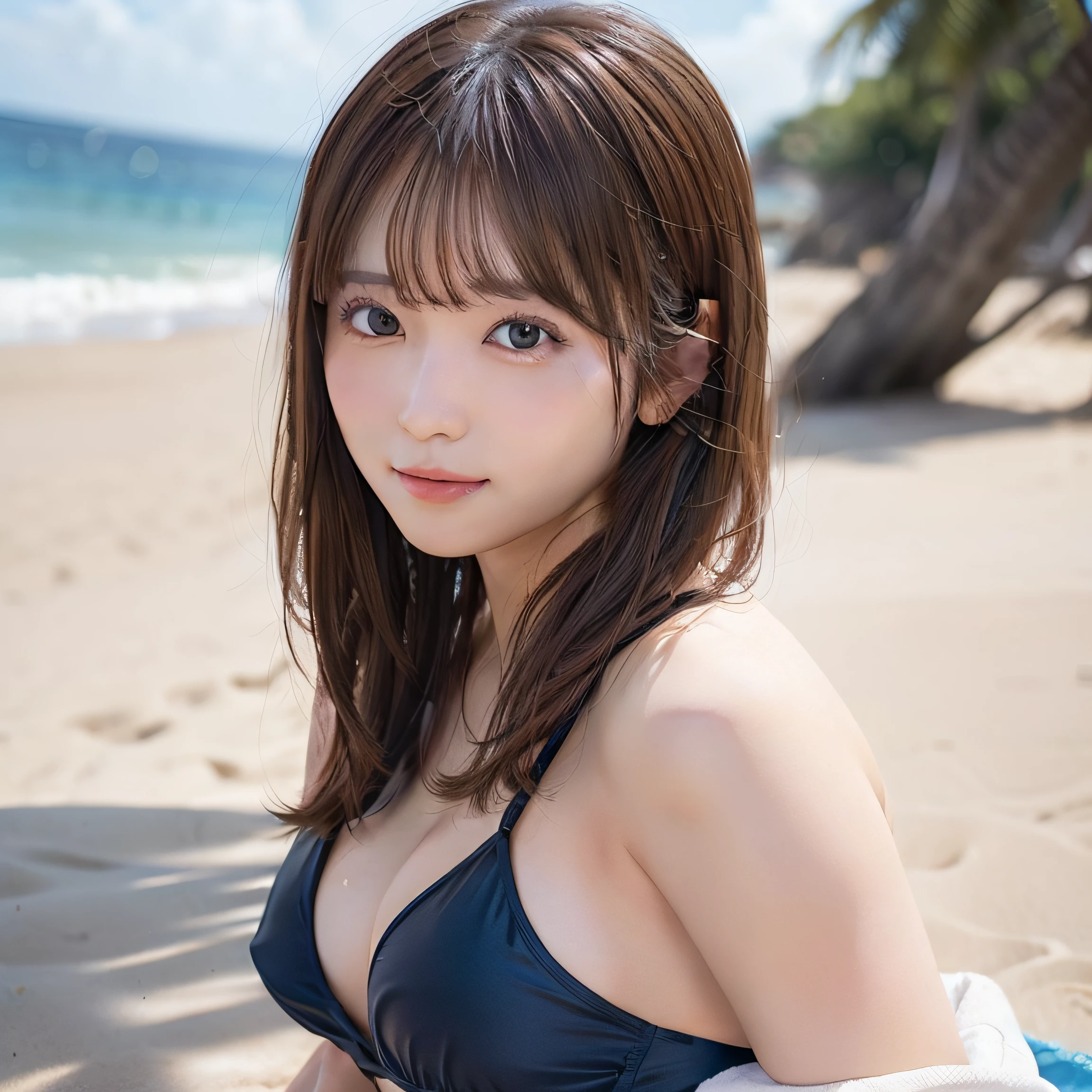 8K,Best Quality, 超A high resolution, (Photorealistic:1.4),masterpiece:1.3, Raw photo, (upper thigh:1.5, From Side:0.7), (Bokeh:1.2), sea side:1.3, (in a suite:1.6),sand beach:1.1, 1日本人の女の子, Cute, (Solo:1.6), (Shy smile), Smooth skin, (Brown medium hair,Bangs), (touch hair:1.4),nogizaka,Cute swimsuit,Beautiful black eyes:1.3、full bodyesbian:1.3、Woman in blue bikini posing on the beach, Beautuful Women、Raw photo, (upper thigh:1.5, From Side), natural skin textures:1.1, realistic eyes and face details:1.2, Full lips,(Background is blurry:1.4),