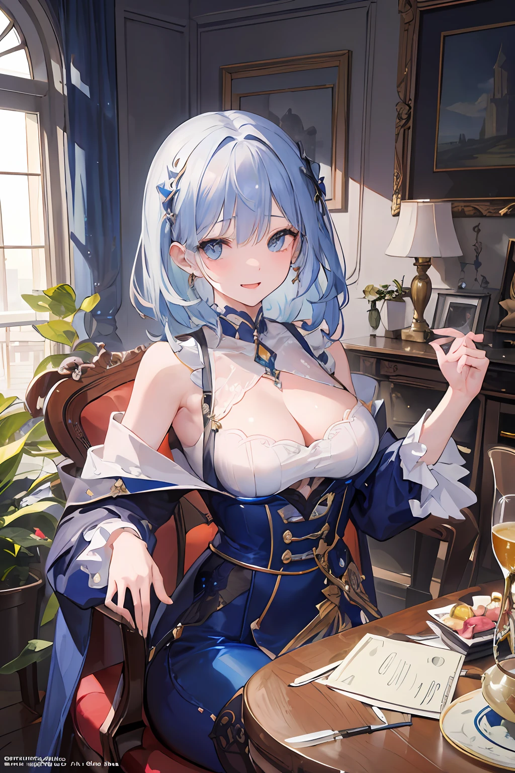 (masterpiece, top quality, best quality, official art, beautiful and aesthetic:1.2),(8k, best quality, masterpiece:1.2), there is a woman sitting in a box full of money and diamod, facial expressions that are so sexy and seductive, the color of the box is blue, the contents of the box are primogem ghenshin impact, open smiling mouth, sad expression