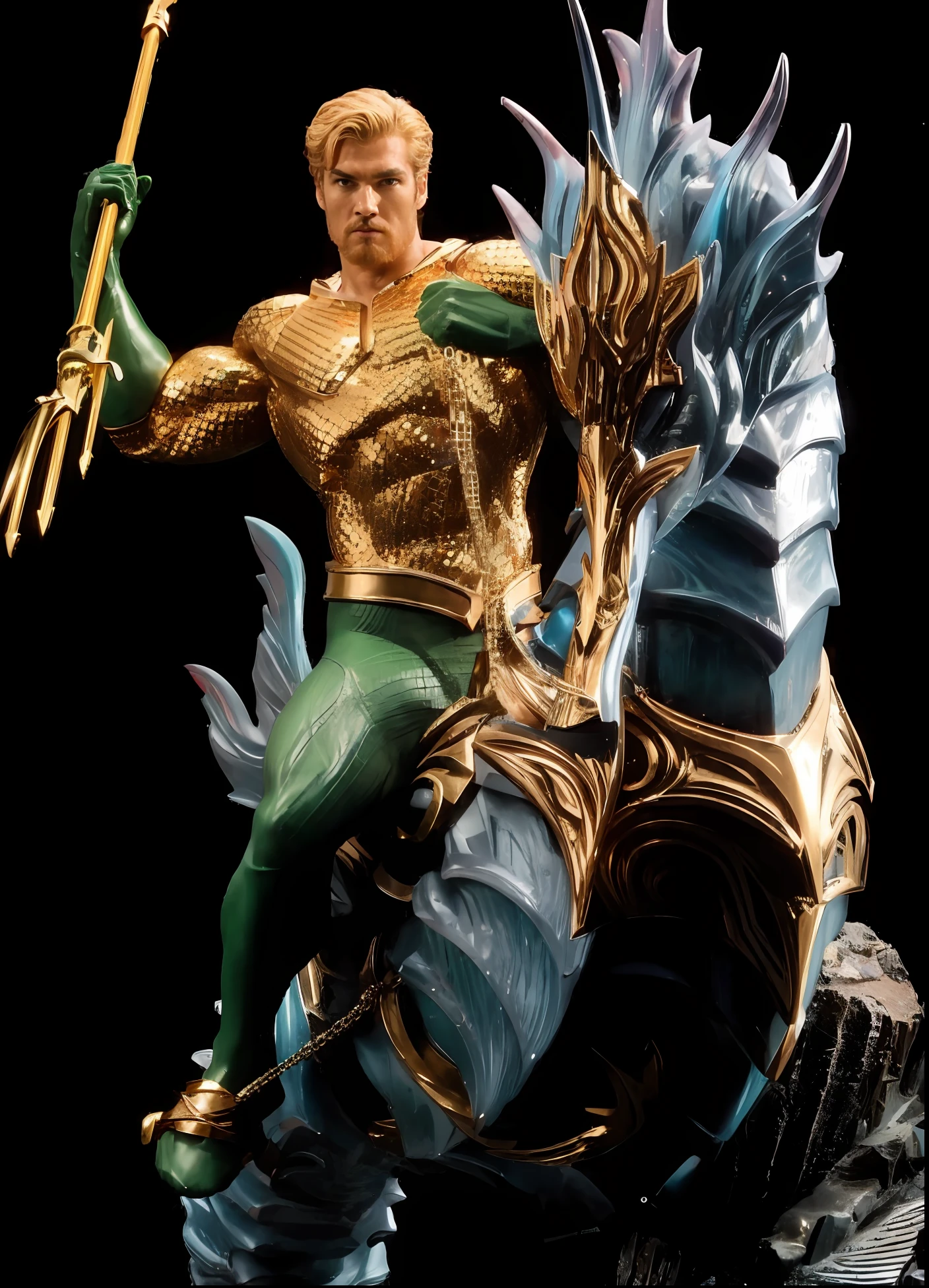 4k, aquaman, homem musculoso, Traje de ouro, cabelo loiro, segurando tridente.