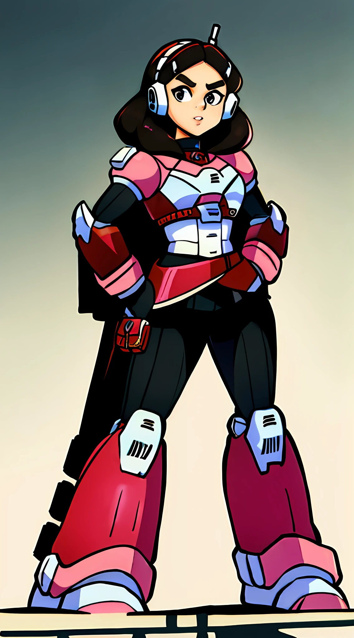 1Girl, Heavy white and red thick armor, two-tone gloves, white-red skirt, heavy black cybernetic boots, heavy cybernetic white-pink arms with black wristbands, heavy cybernetic white-red torso with jacket, black waist belt, megamanX white and red heavy body armor, pink and red trim aviator goggles on forehead, heavy thick black hair, metallic pink skirt, large tall jacket, white armor with red trim, wearing biker/aviator jacket, wearing thick/wide black wristbands, punk pose, two-tone white and pink gloves, long ponytail, tall jacket, black skin-tight pants, hands on hips, looking eye-level at viewer, curly hair, small chest, heavily armored, brunette hair