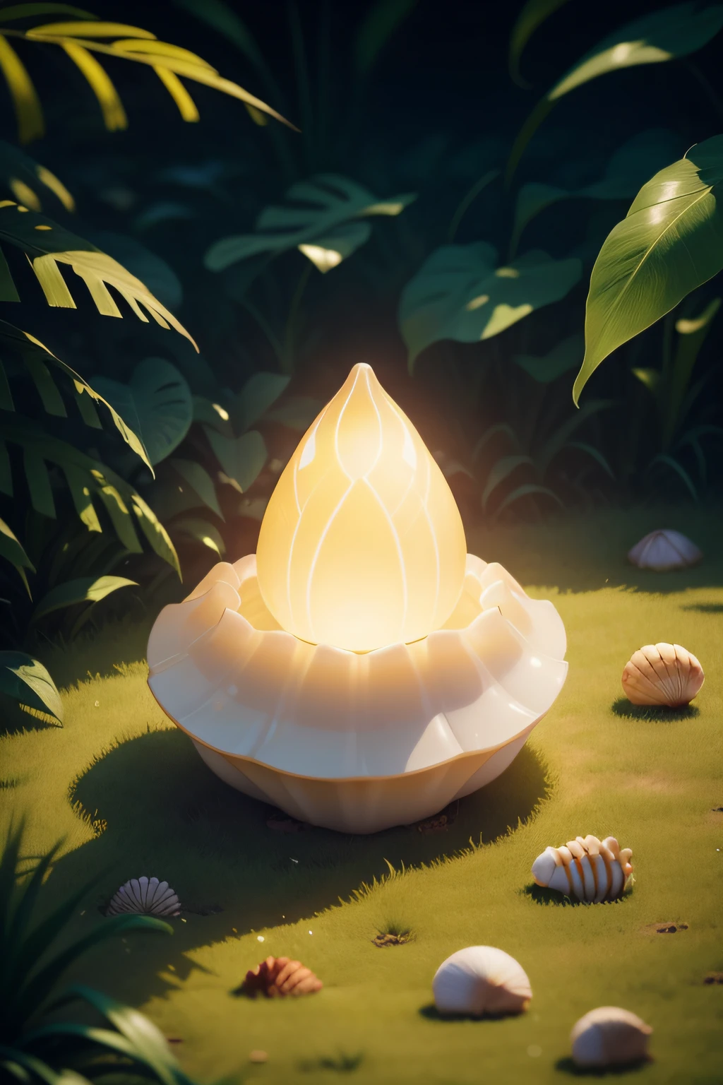 There is a shell that is sitting on the grass, concha, yellow artificial lighting, Concha grande, Concha do mar, spike shell, light casting onto the ground, Concha pontiaguda, concha de caracol, Cone de luz, illuminating the area, clamp shell lighting, caustics lighting from above, luz de baixo, glossy textured plastic shell, em um fundo escuro