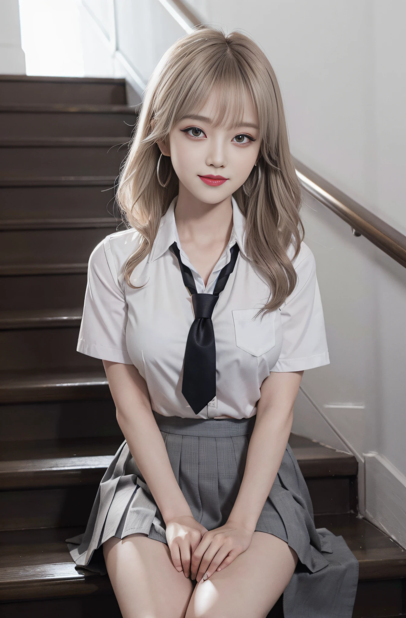 gray eyes, korean school uniform, summer school uniform shirt, ribbon tie, korean student tight skirt, bright blonde, school stairs, going down school stairs, chest thrusting pose, chest showing off pose, 8k raw photo, high resolution, cool korean at 16 years old, very big round breasts, beautiful eyes in detail, long eyelashes, beautiful double eyelids, eye shadow, eyeliner, cut eyes, elongated eye shape, Sanpaku eyes, evil smile, evil look, beautiful very thin legs, beautiful very thin thighs, random medium hair, hair tied behind the head, earrings,