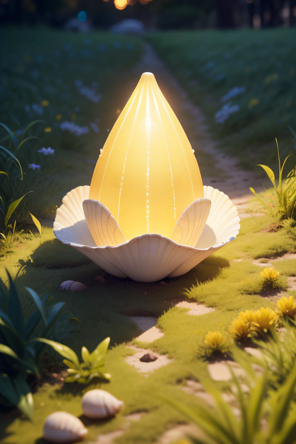There is a shell that is sitting on the grass, concha, yellow artificial lighting, Concha grande, Concha do mar, spike shell, light casting onto the ground, Concha pontiaguda, concha de caracol, Cone de luz, illuminating the area, clamp shell lighting, caustics lighting from above, luz de baixo, glossy textured plastic shell, em um fundo escuro