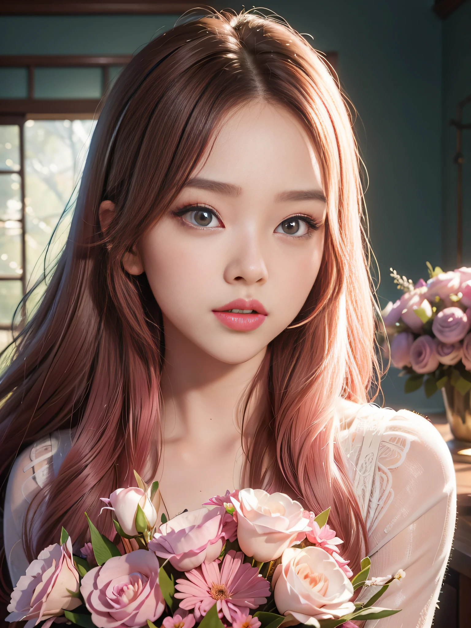 Long Light Hair,Close up to the face,Chinese big eyes girl with lipstick on her lips, Realistic scene style, Light pink and light maroon, Bouquet in hand,I can't believe how beautiful this is, pixar-style, pixar-style, pixar-style, pixar-style,Light white and dark pink, cartoon character