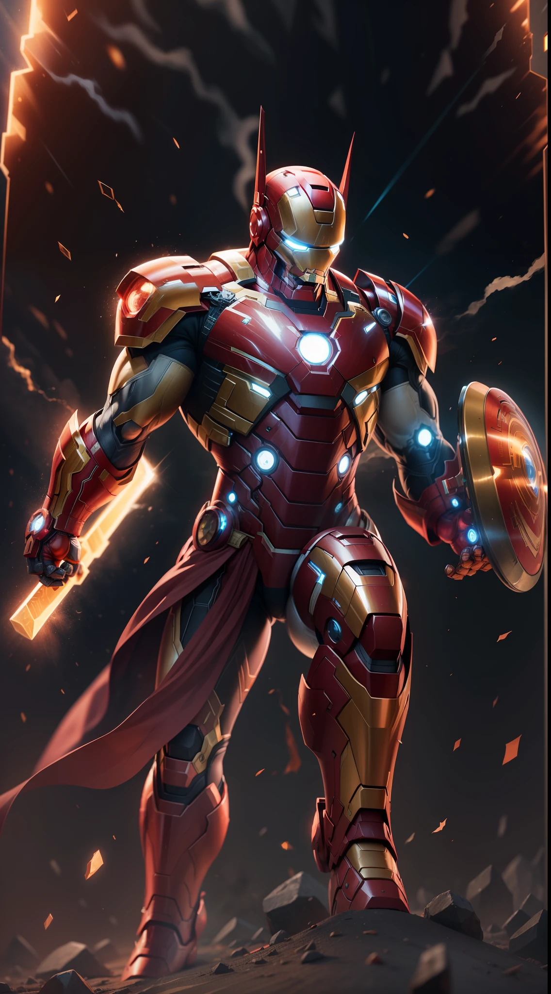 (Stunning illustration) Ultra resolution 8K, A fusion between Iron Man and Thor, con una armadura dorada reluciente y el poderoso martillo Mjolnir incorporado en su brazo, listo para disparar rayos mientras vuela por los cielos.