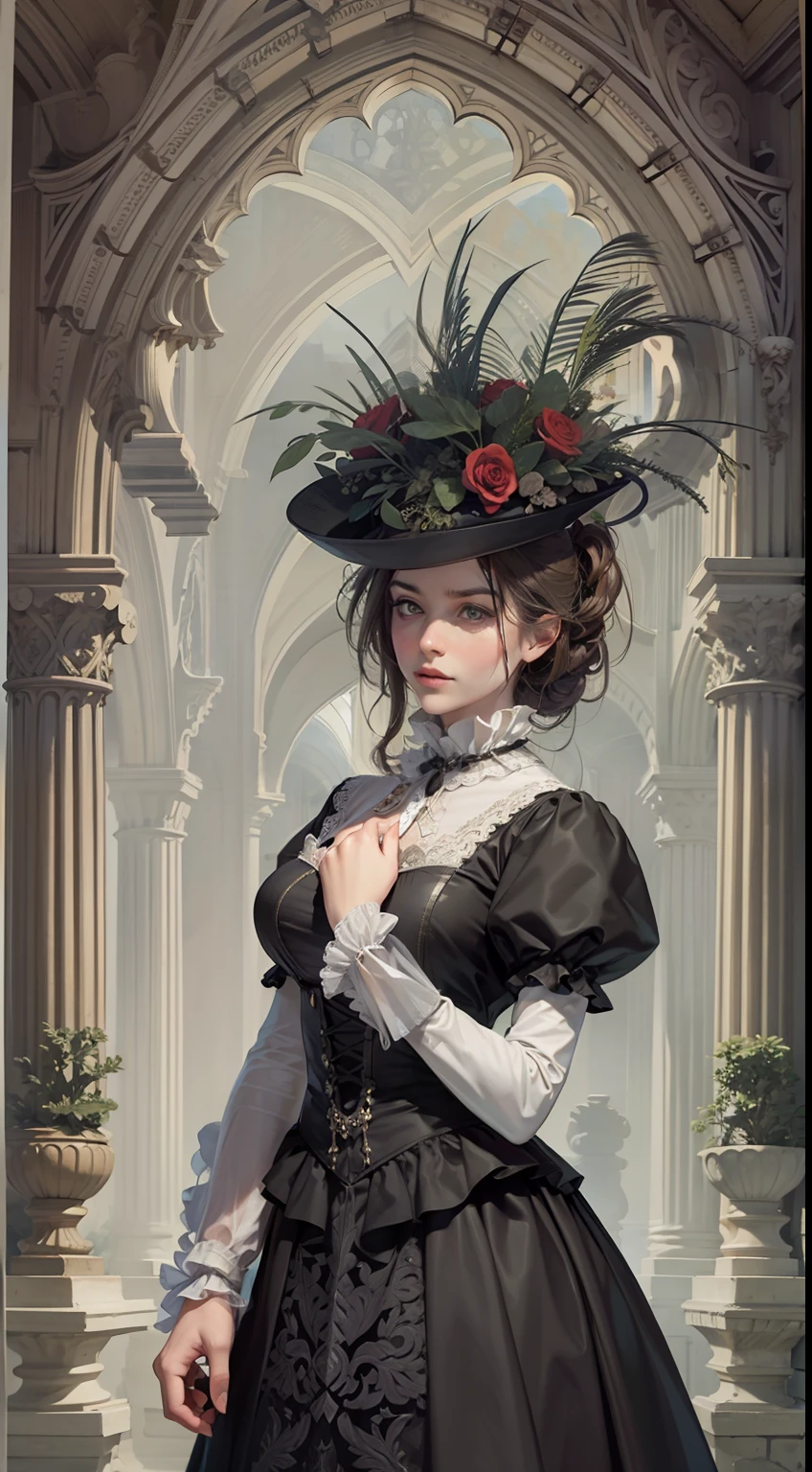 Beautiful woman in intricate Romantic Victorian Gothic Outfit