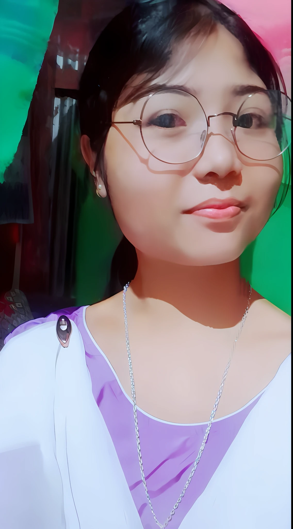 there is a woman wearing glasses and a purple dress, wearing small round glasses, with lovely look, girl wearing round glasses, with glasses, with accurate face, wearing thin large round glasses, with sunglass, with glasses on, !!wearing modern glasses!!, wearing round glasses, candid picture, portrait mode photo, !!wearing glasses!!, wearing greek palla, girl with glasses