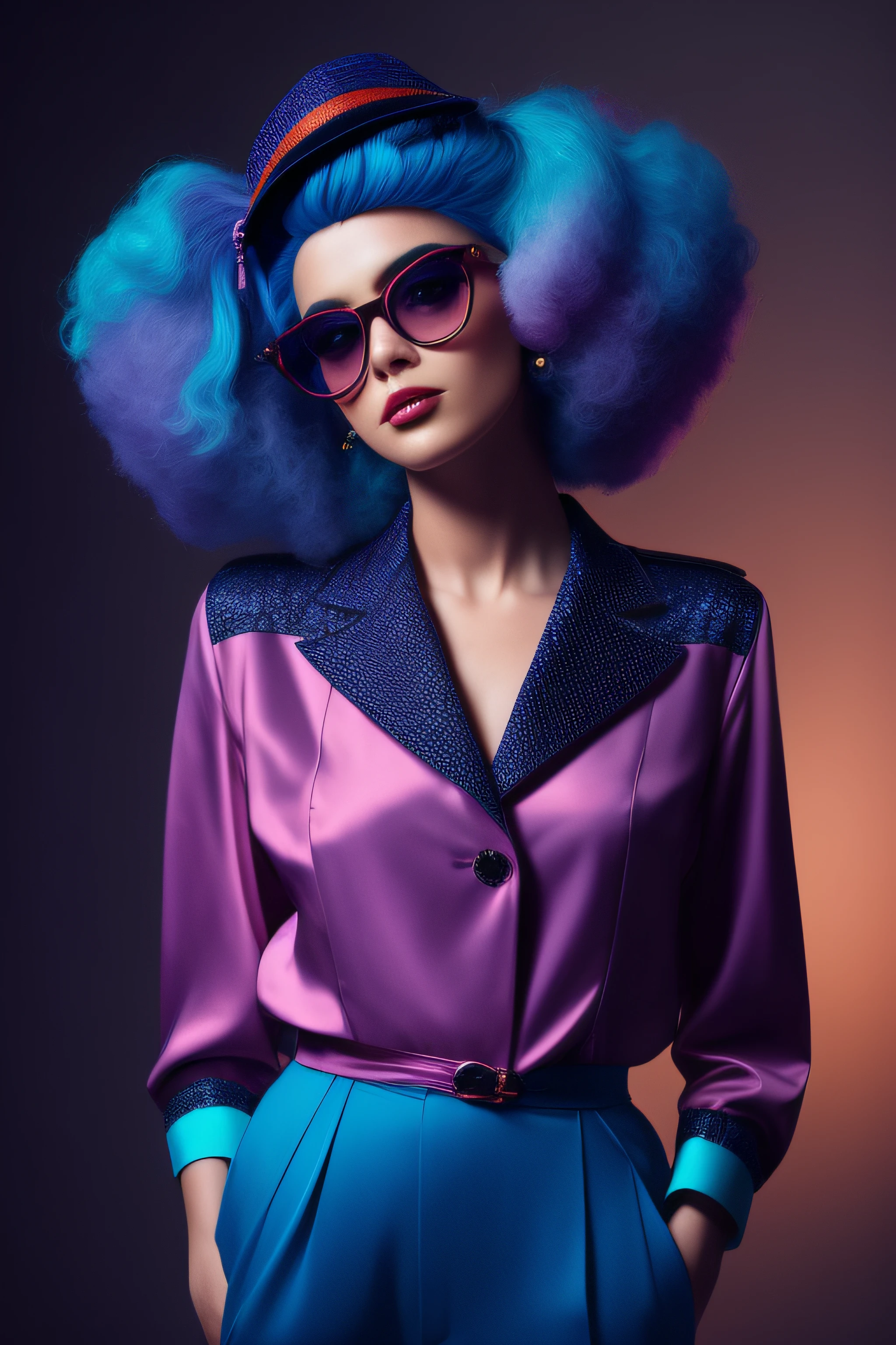 MAN with blue hair and dark futuristic orange glasses posing for a FULL BODY PHOTO , glamour da cor do retrato, rich vivid pastel colors, moda colorida, homem futurista da moda, Retro Futuristic Fashion, homem bonito com cabelo azul, photoshoot de moda high-end |, retrato do cabelo roxo do homem, fashion color studio lighting, fotografia de alta moda, Fotografia de moda Fine Art, cores ultravioleta e neon