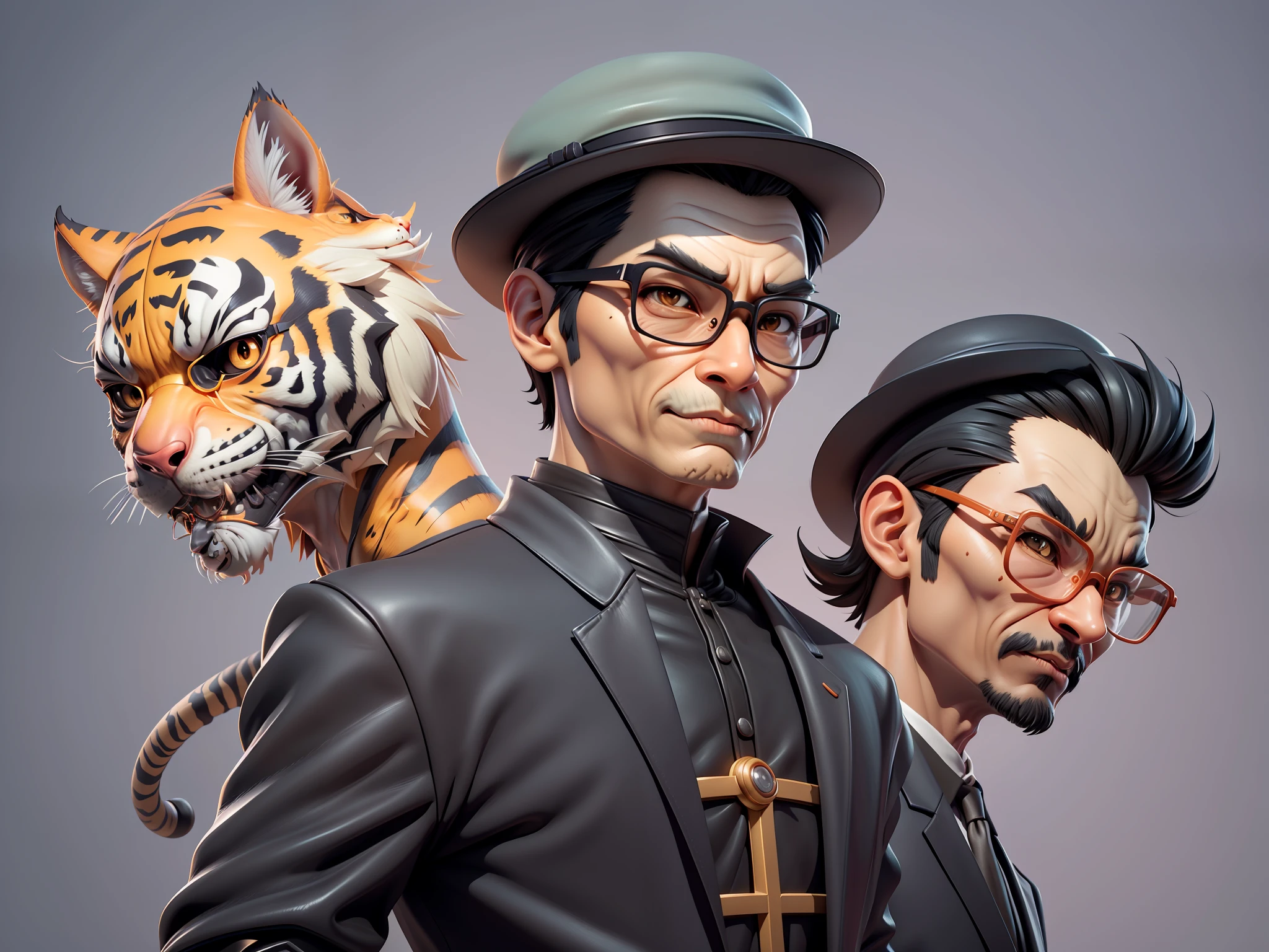 Young man with oriental face in leather hat, tiger, oriental face in formal suit, short black hair, silver glasses, digital painting, 3D character design by Mark Clairedon and Pixar and Hayao Miyazaki and Akira Toriyama, the illustration is a high-definition illustration in 4K resolution with very detailed facial features and cartoon-style visuals.