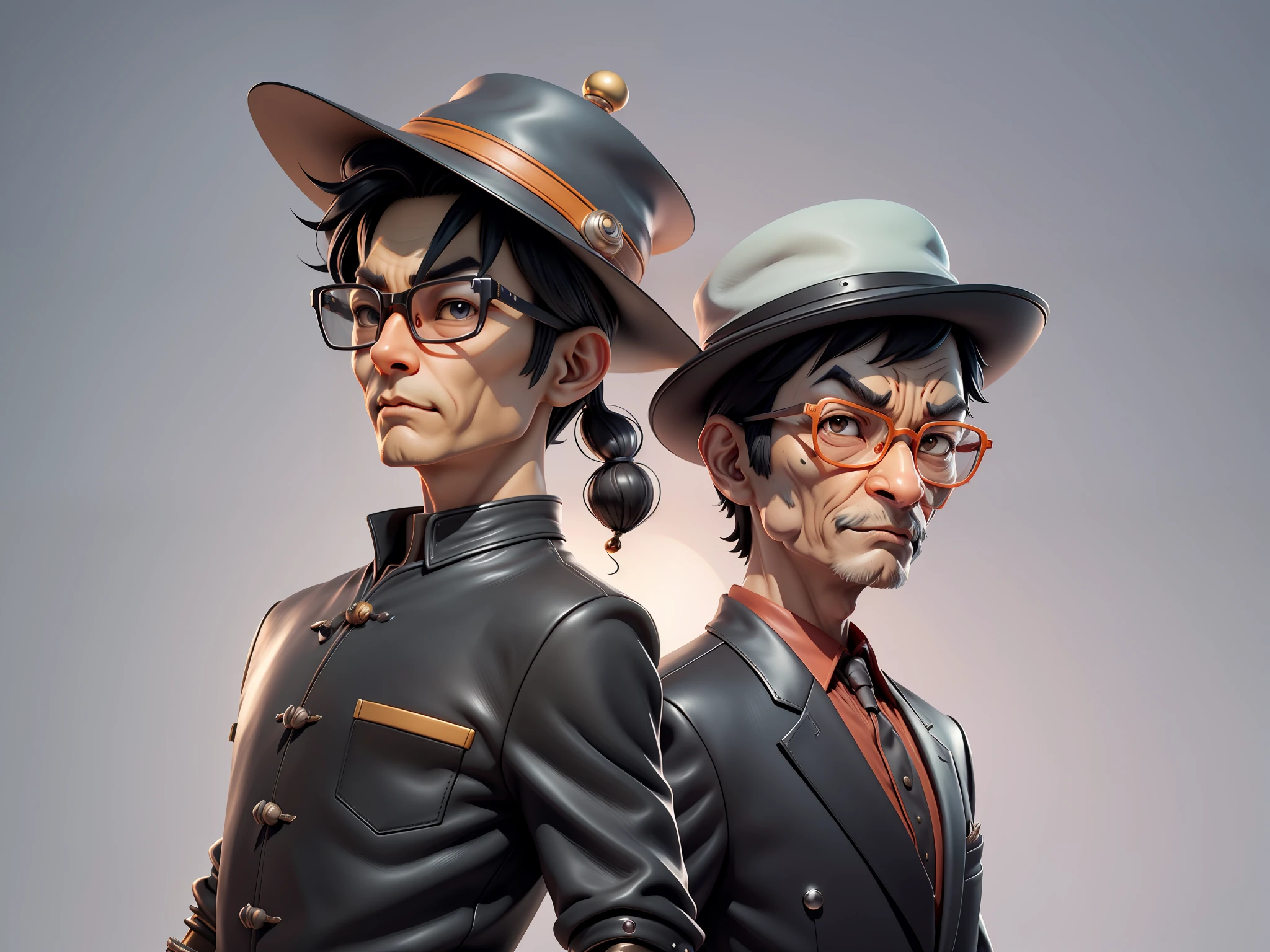 Young man with oriental face in leather hat, tiger, oriental face in formal suit, short black hair, silver glasses, digital painting, 3D character design by Mark Clairedon and Pixar and Hayao Miyazaki and Akira Toriyama, the illustration is a high-definition illustration in 4K resolution with very detailed facial features and cartoon-style visuals.
