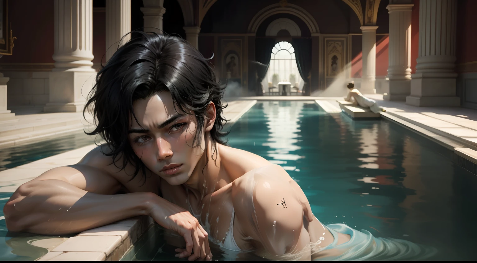 Libido boy,Black hair,Lie in a pool in the palace,Misty opened his eyes