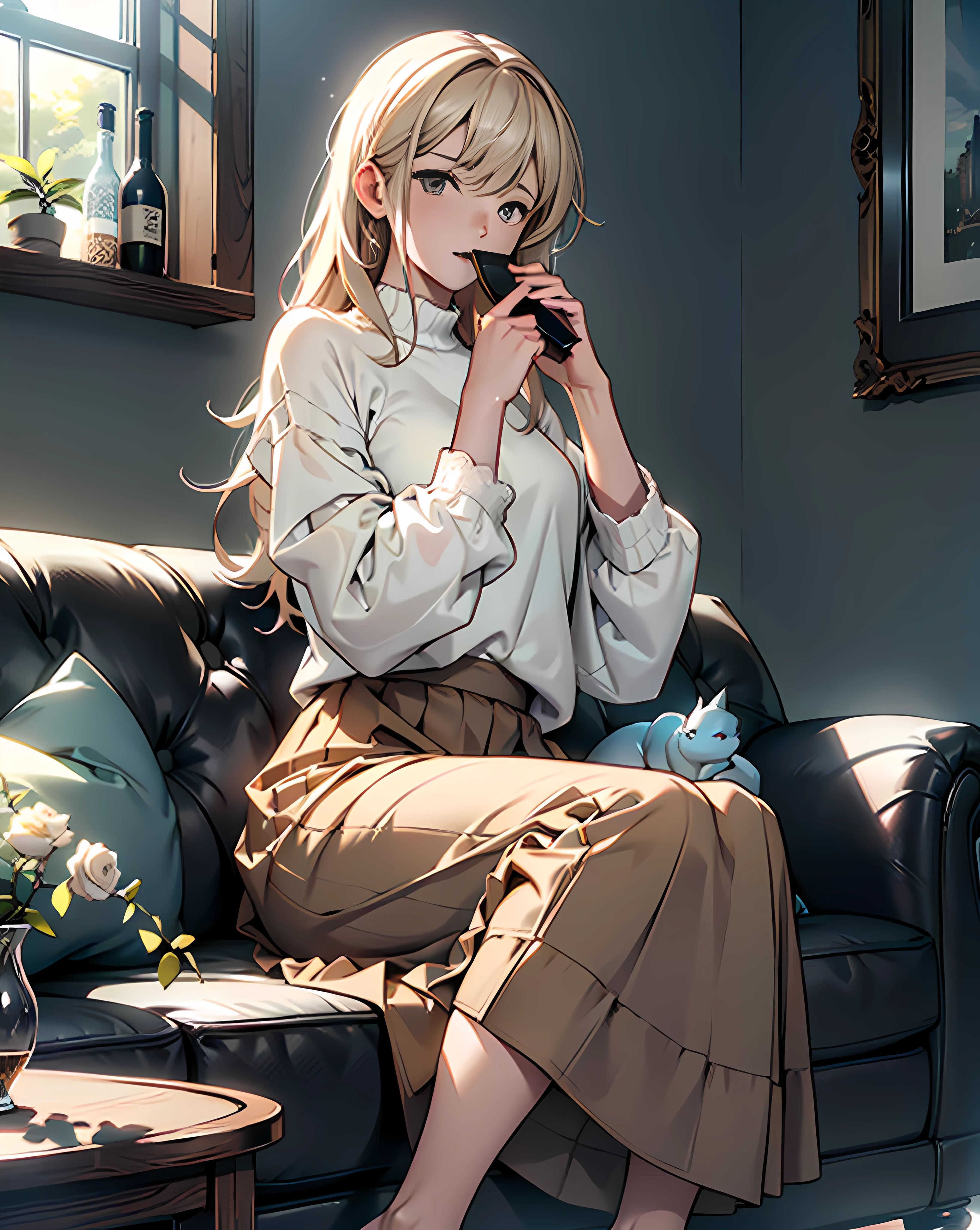 absurderes、hight resolution、ultra-detailliert)、(the Extremely Detailed CG Unity 8K Wallpapers、Beautifully Aesthetic:1.2)、(1girl in:1.3)、Lady、独奏、The upper part of the body、rcasual、It features a simple、Natural Fabric、Sit up、knit、white  shirt、Brownish、If you have a photo、Hold in hand、Plain clothe、a room、sit on sofa、Mystical lighting、Ethereal Atmosphere、dressed casually, Sweaters, tortoise、closed clothes、natural soft light、darker shadows、Living Loo、Long skirt with lace、pulling the hands up、an legs、