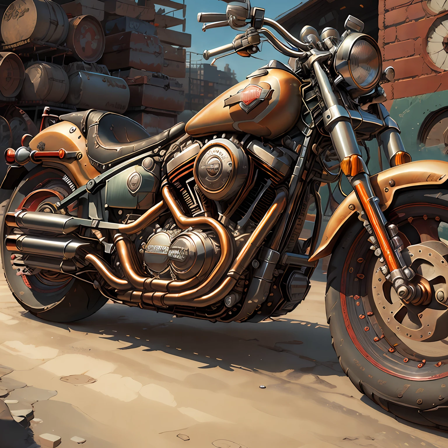 HARLEY DAVIDSON FAT BOY 1600,Vista Lateral Mad Max CogPunkAI ,Cores 64 k, (cores),(vermelho,amarelo,))portanto,4D ,