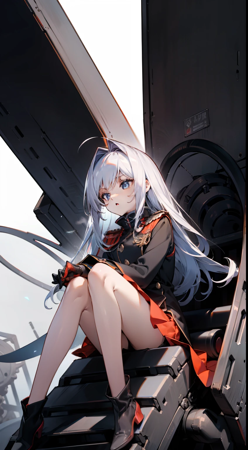 8k 壁纸，((tmasterpiece))，Royal Sister，(White waist-length hair)，God of the gods，dominate，Darkness and evil，There was a red mist around her，(Bare legged)，Handsome，Black booties，Black Empire uniform，(high and cold)，small detailed, Ultra detailed, Best quality, iintricate, (Close up)，Sit with your legs bent，(Sit on a huge machine platform)，Thin leg，Floating black tones，(Behind him is a huge war machine)，(The final showdown)，(Swarm machine background)，Line break timeline，Mechanical tentacles，