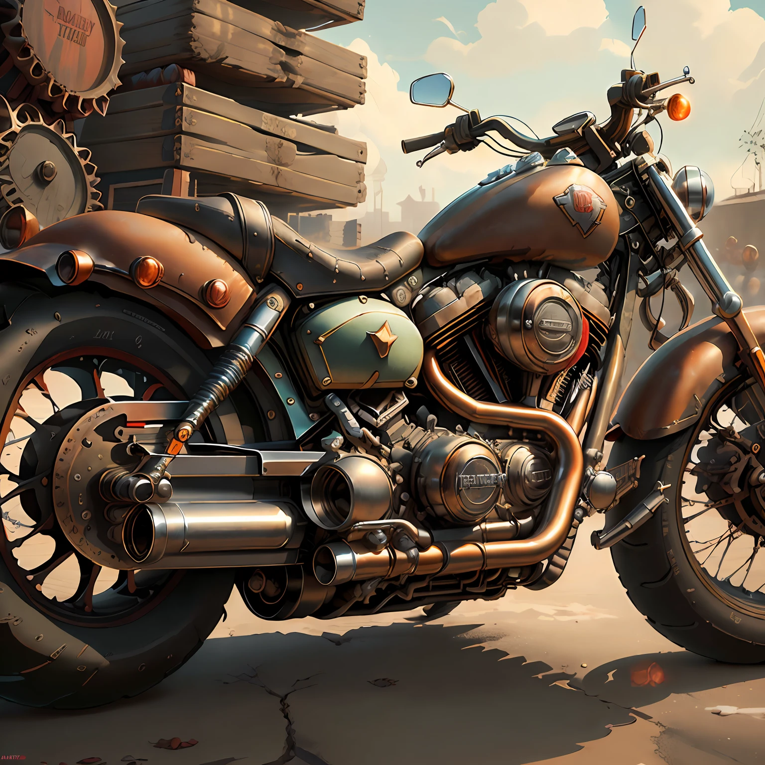 HARLEY DAVIDSON FAT BOY 1600,Vista Lateral Mad Max CogPunkAI ,Cores ?? k, (cores),(vermelho,amarelo,))portanto,4D ,