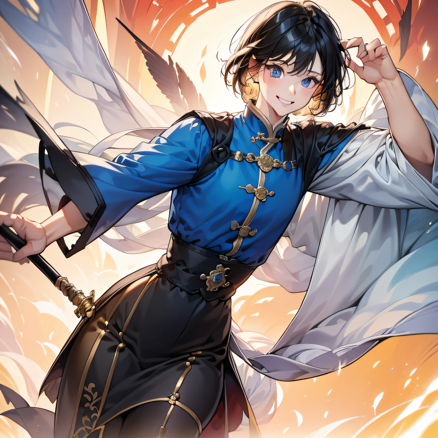 (in 8K、top-quality、masterpiece:1.2)、1人の女性、(Smiling smile:1.1)、beautidful eyes、Valley、The upper part of the body、length hair、Like a boy、poneyTail、Yellow view、
