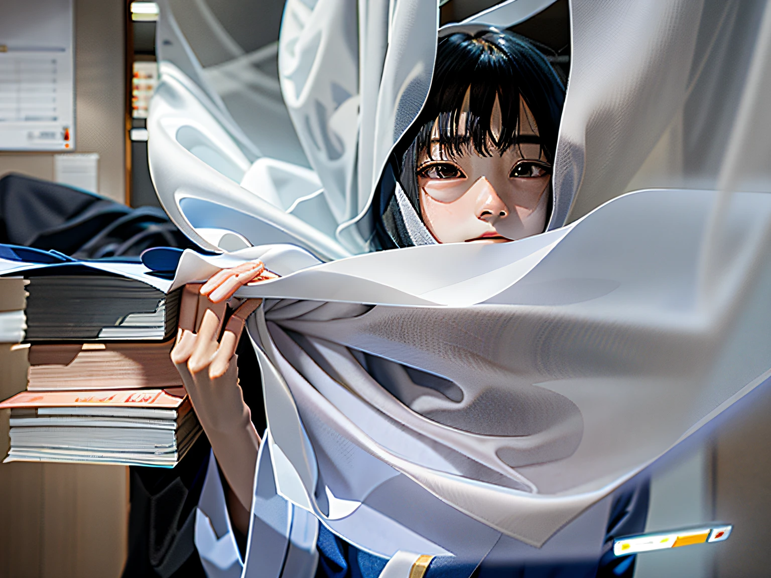 There was a shy teenage girl hiding behind a curtain,Holding a stack of documents in his hand, Photo ( far _ Shot ), wearing translucent sheet, fully covered in drapes, wearing hakama, over the shoulder shot, Covered!!, Several layers of fabric, Wearing a Japanese school uniform, hidden camera photo, over the shoulder shot, tight shot of subject, wearing an academic gown