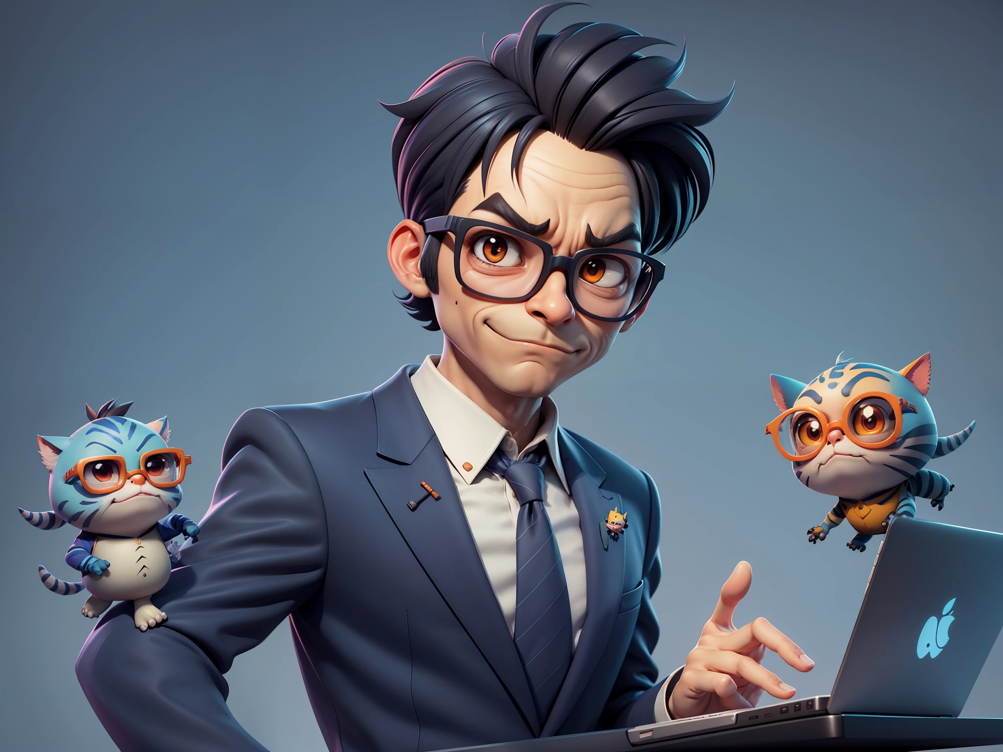 A young man in a suit and pants, Short hair and glasses sat at his desk,holding laptop,digitial painting,tigre,3D character design by Mark Clairen and Pixar and Hayao Miyazaki and Akira Toriyama,4K HD illustration,Very detailed facial features and cartoon-style visuals。