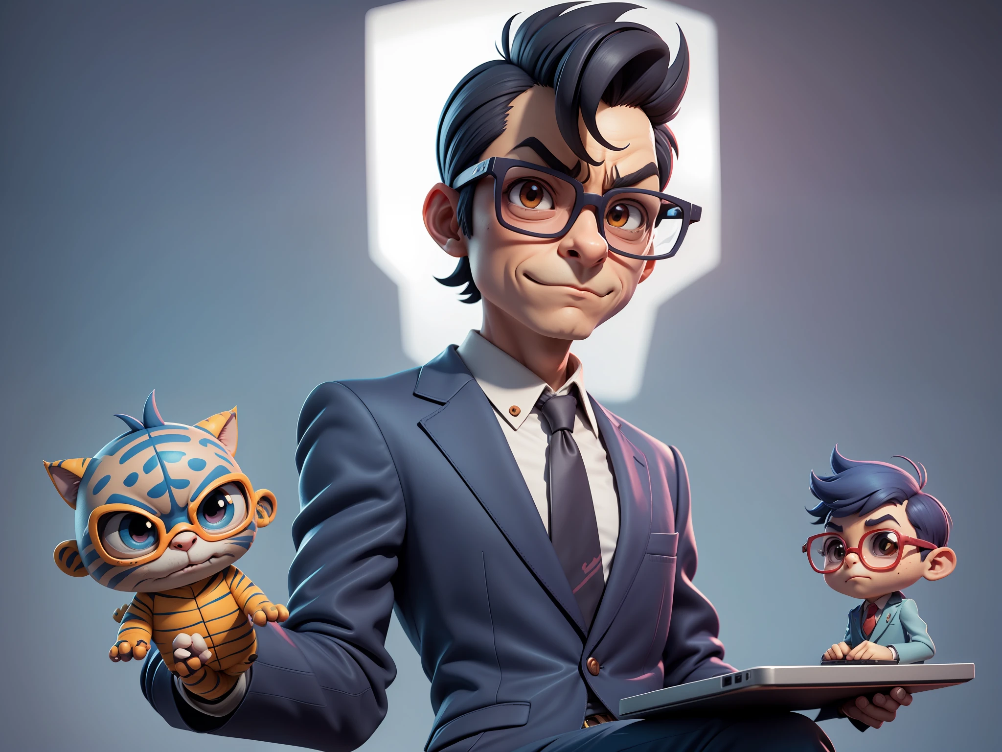 A young man in a suit and pants, Short hair and glasses sat at his desk,holding laptop,digitial painting,tigre,3D character design by Mark Clairen and Pixar and Hayao Miyazaki and Akira Toriyama,4K HD illustration,Very detailed facial features and cartoon-style visuals。