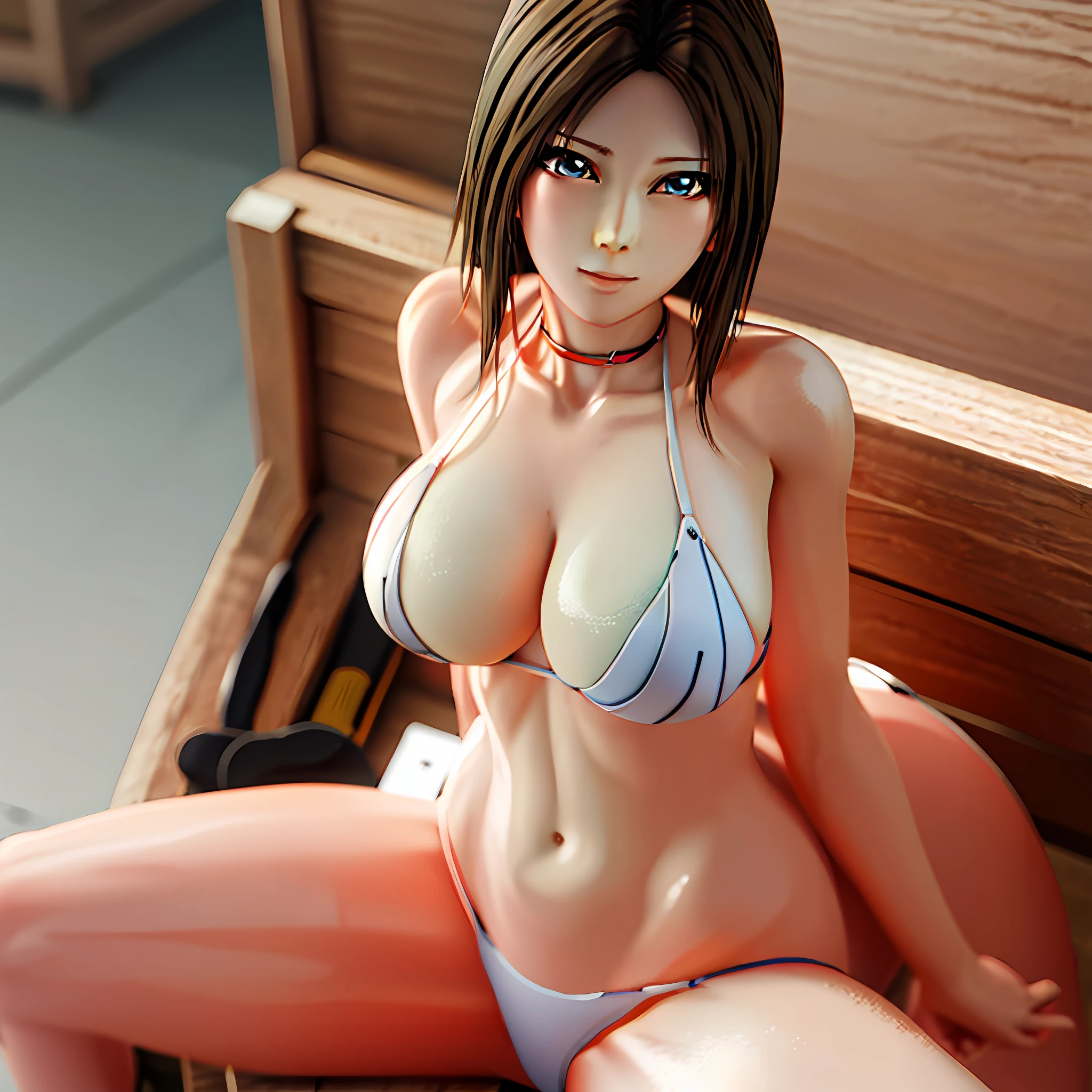 there is a woman sitting on a bench in a bikini, Surrealism female students, Realistic schoolgirl, Surrealism female students, photorealistic perfect body, 3 d anime realistic, photorealistic anime girl rendering, realistic shadow perfect body, seductive anime girls, Photorealistic anime, Realistic anime 3 D style, realistic bikini, ultra-realistic picture