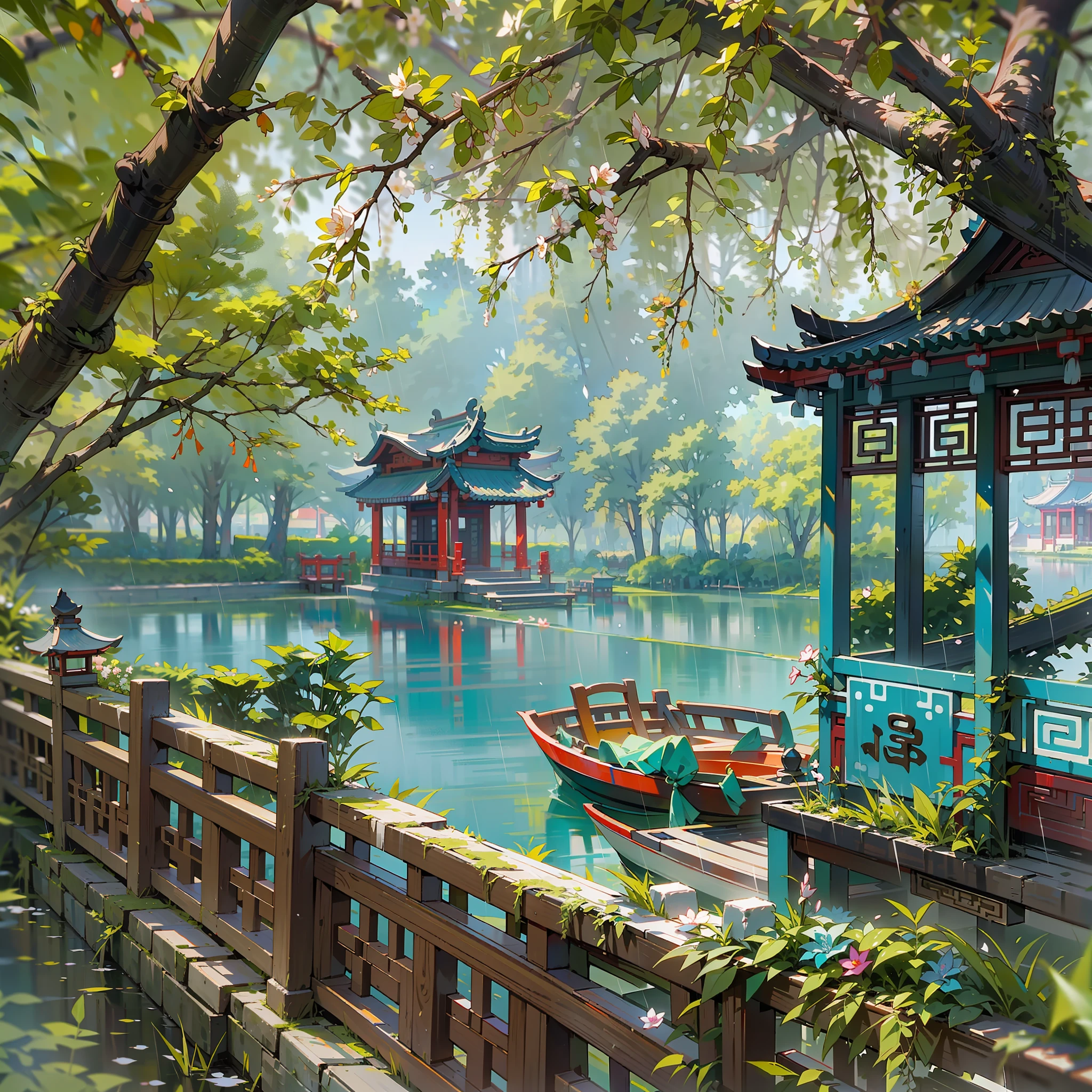 Spring has sprung,Grandiose scenes,Gangnam scenery,Flowers red willow green,Turquoise Lake(Turquoise Lake × 2.0),Calm lake,West Lake view,A small boat with a colorful canopy(There is only one),On board sat an ancient Chinese poet(only one),【The boat contrasts with the wide lake】,Drizzle(Rainy days),rain,Mist,Green trees,Faraway view,a sense of atmosphere,China-style,In the distance, A corner of the pavilion looms,Ancient China,vibrant with colors,Rule of thirds composition, Highest image quality,visual shock。