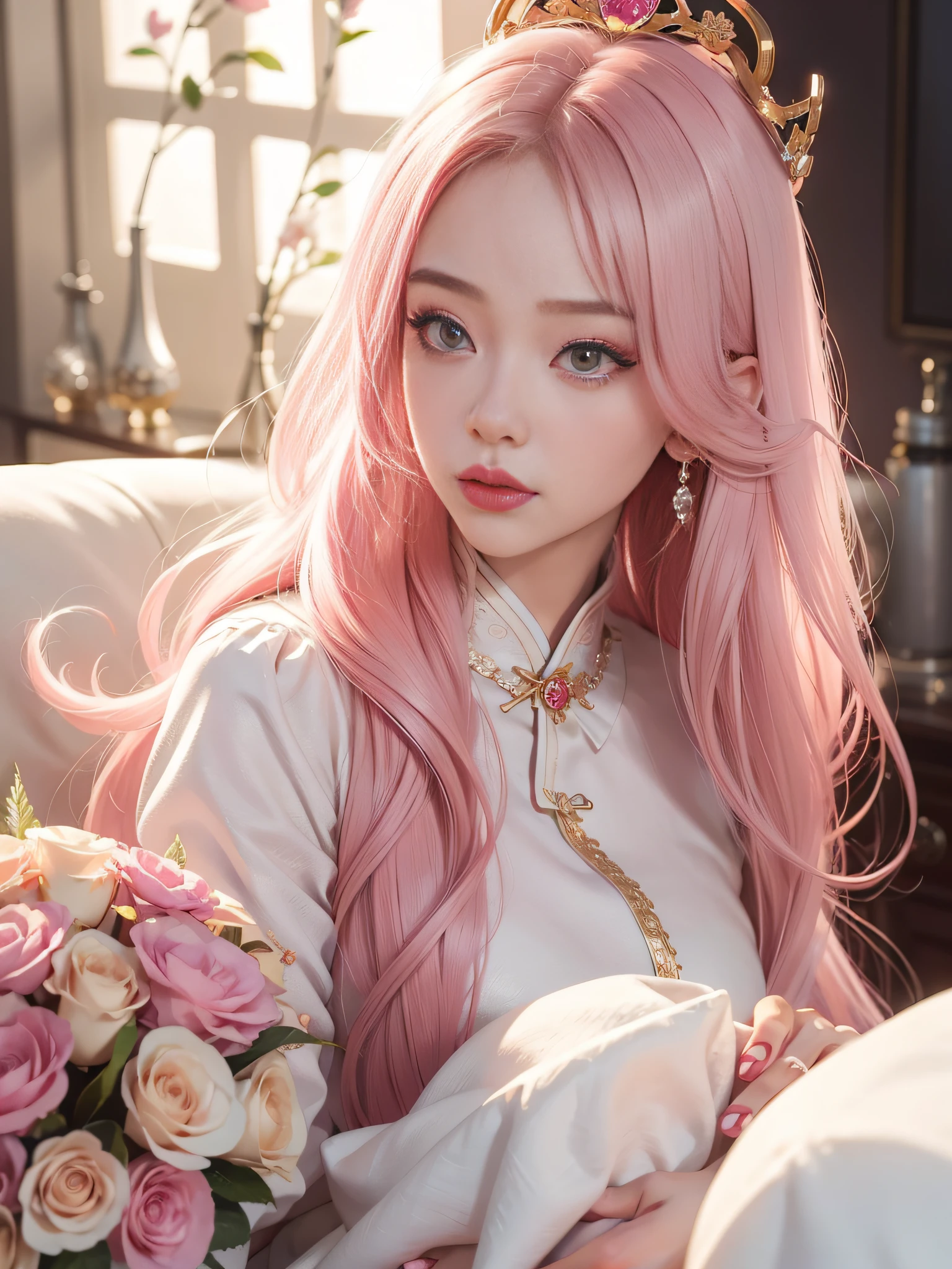 Long Light Hair，Close to face，Chinese big eyes girl with lipstick on her lips, Realistic scene style, Light pink and light maroon, Bouquet in hand，Crown on head，I can't believe how beautiful this is, pixar-style,  pixar-style, pixar-style, pixar-style,Light white and dark pink, cartoon character