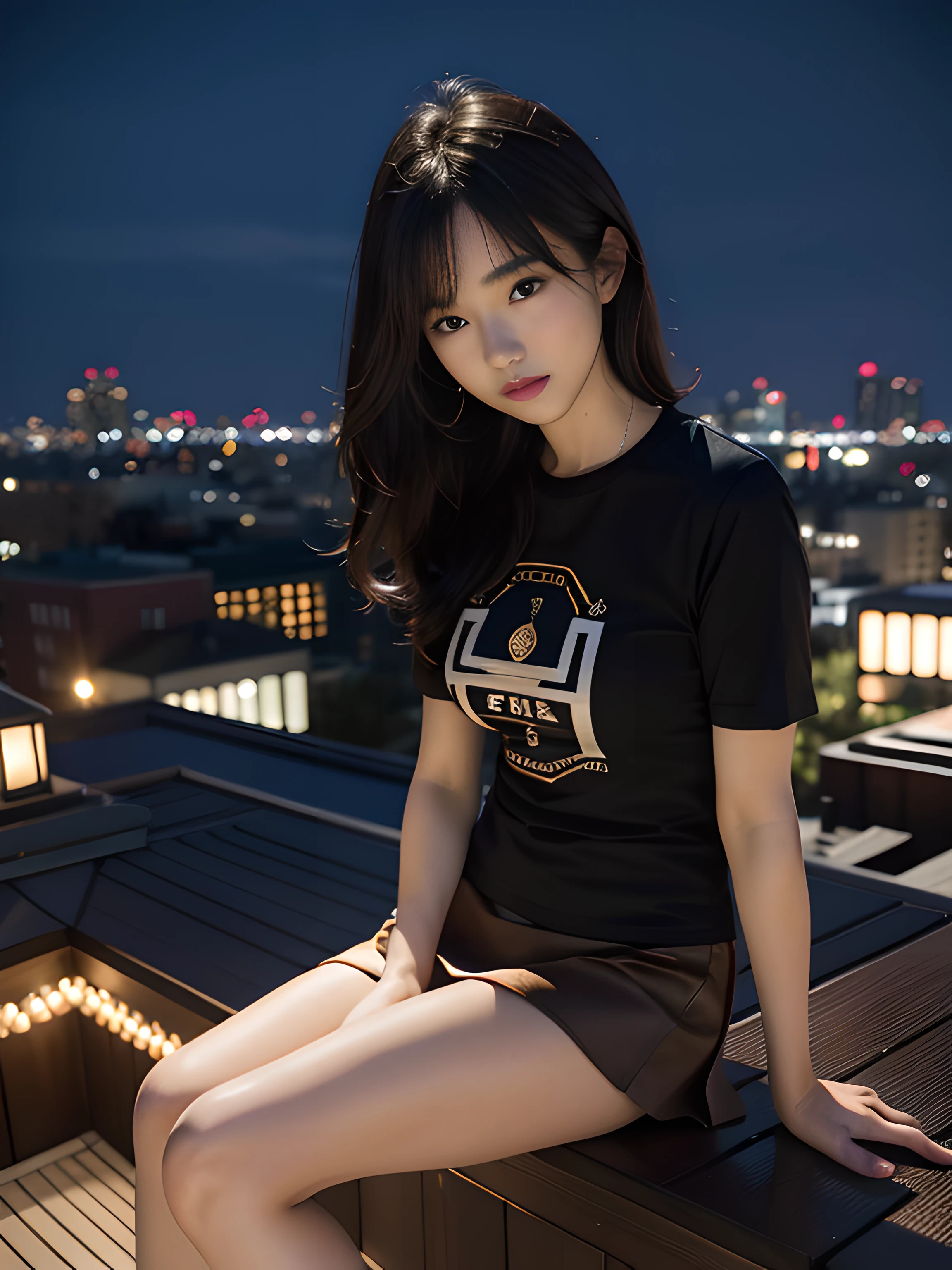 （（midynight， Acura， 8K， tmasterpiece： 1.3））， full bodyesbian， long leges， Focalors： 1.2， perfect figure beautiful woman： 1.4， Slim abs： 1.1， （dark brown  hair，： 1.2 ））， （tight tshirt， short  skirt，sitting on a stool： 1.2）， （city night scene， the roof： 1.3））， Highly Detailed Face and Skin Textur， detailedeyes， 二重まぶた，