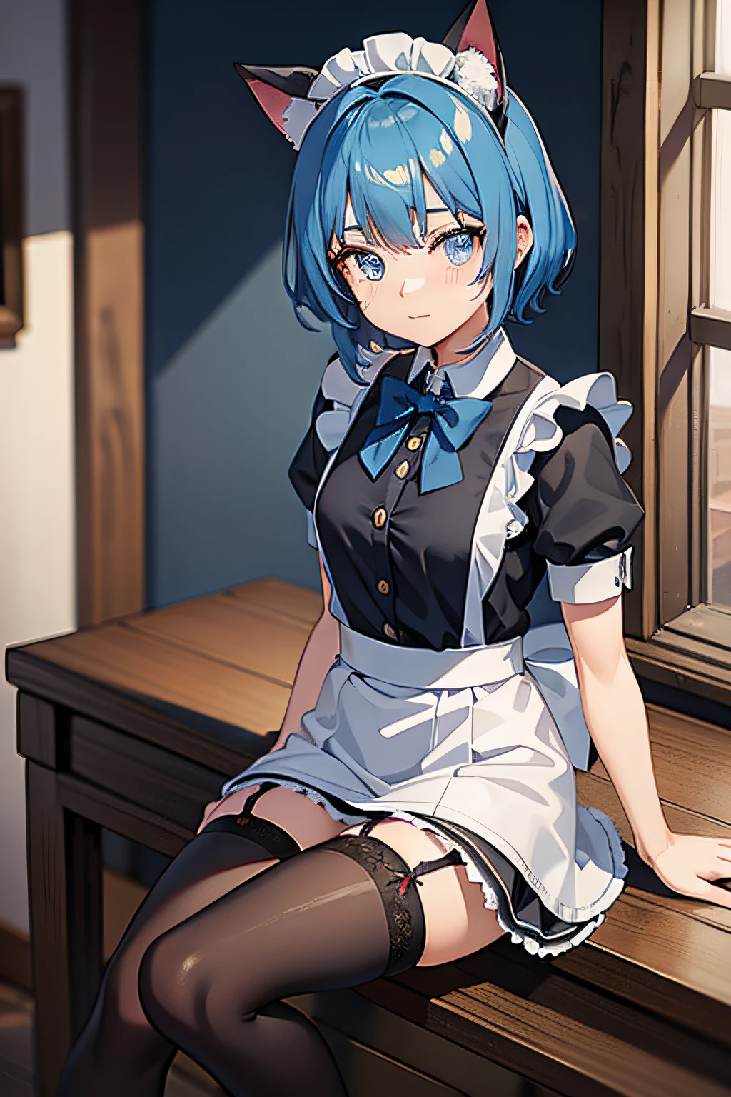 girls，cat ear，the maid outfit，blue hairs，black lence stockings