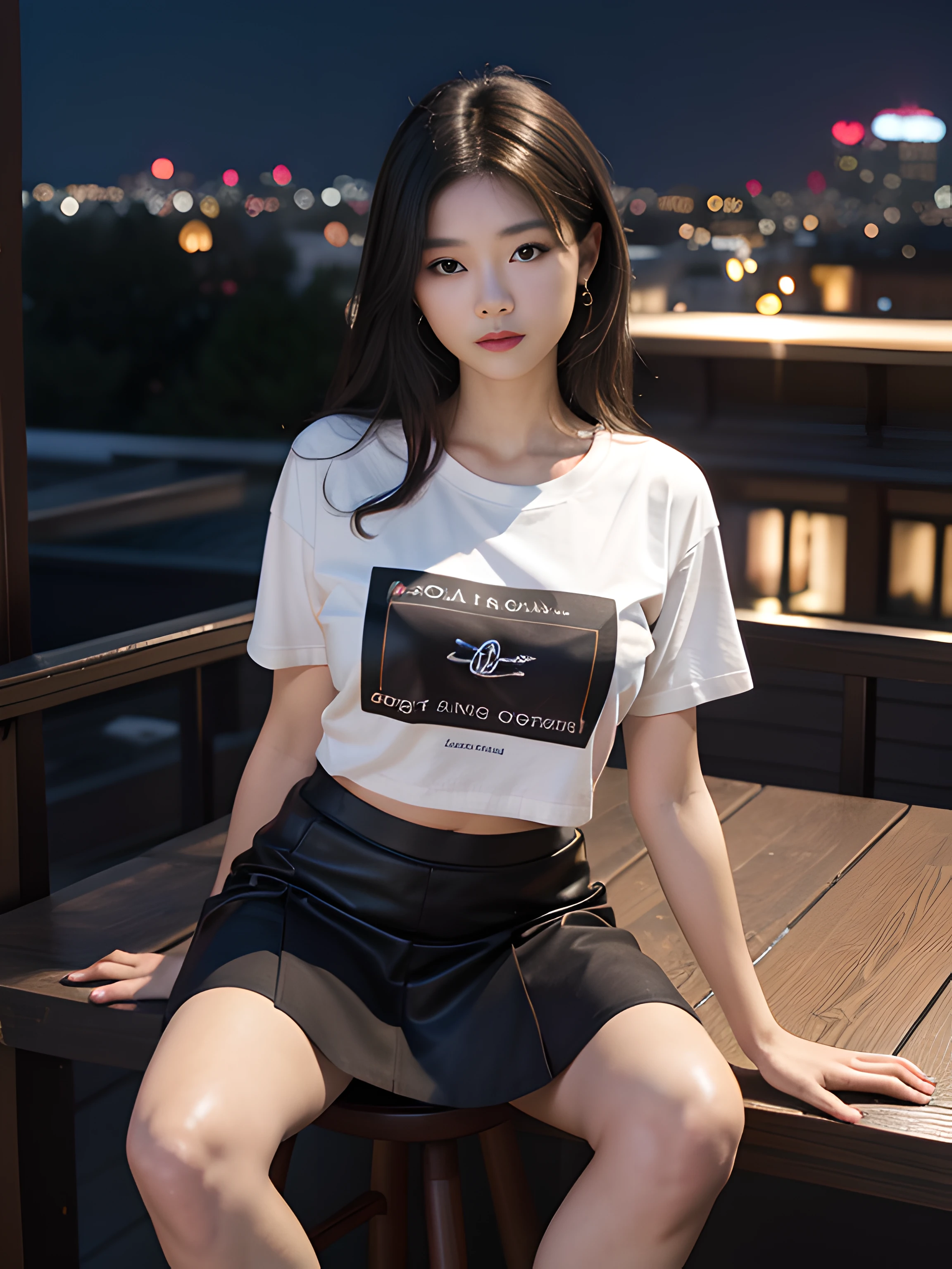 ((midynight, Acura, 8K, tmasterpiece: 1.3)), full bodyesbian, long leges, Focalors: 1.2, perfect figure beautiful woman: 1.4, Slim abs: 1.1, (dark brown hair,: 1.2 )), (tight tshirt, short skirt,sitting on a stool: 1.2), (city night scene, the roof: 1.3)), Highly Detailed Face and Skin Textur, detailedeyes, 二重まぶた,