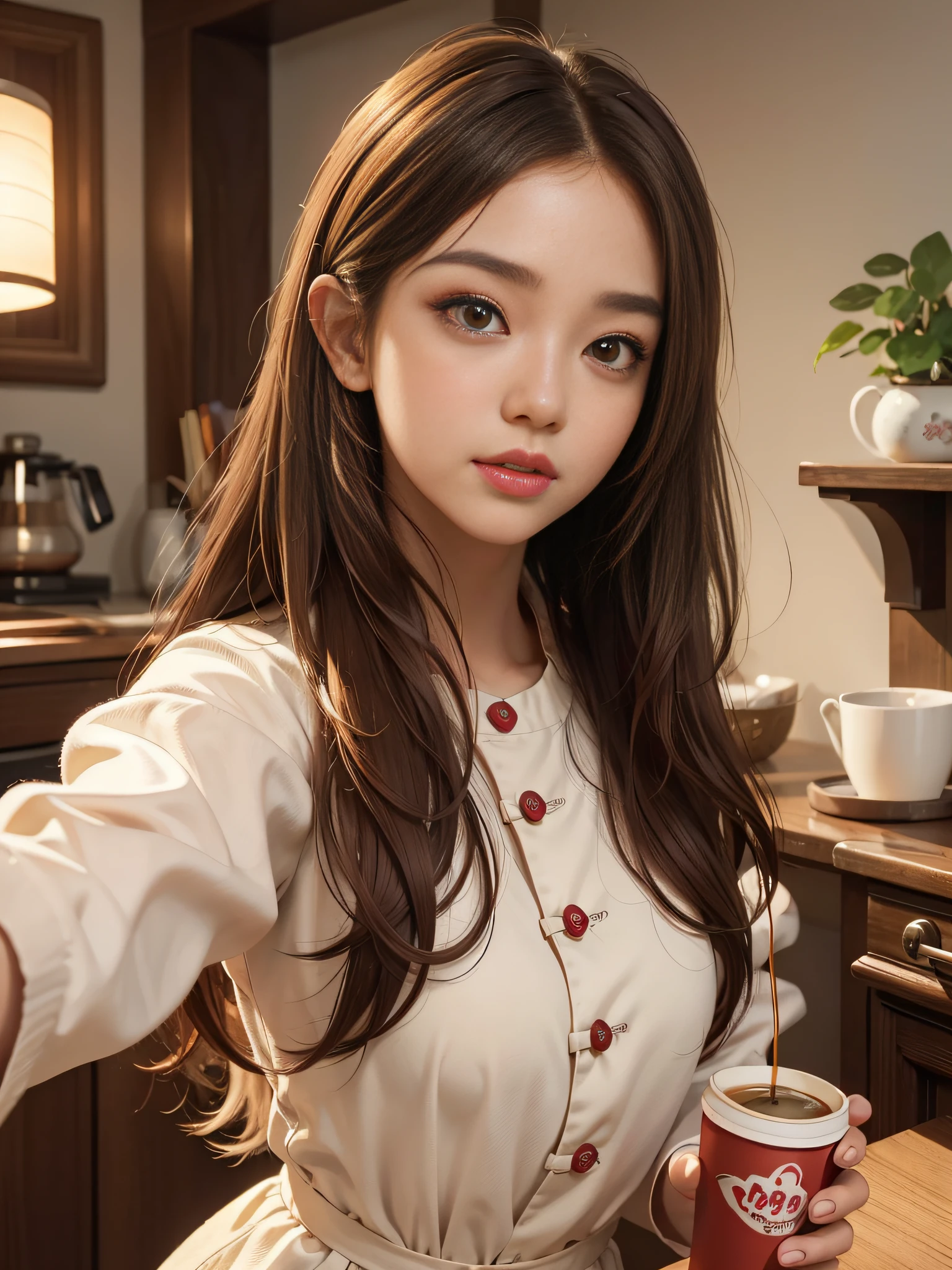 light-brown long hair,closeup of face,Chinese big eyes girl with lipstick on her lips, Realistic scene style, Light brown and light maroon, Coffee in hand,I can't believe how beautiful this is, pixar-style, pixar-style, pixar-style, pixar-style,Light white and light maroon, cartoon character