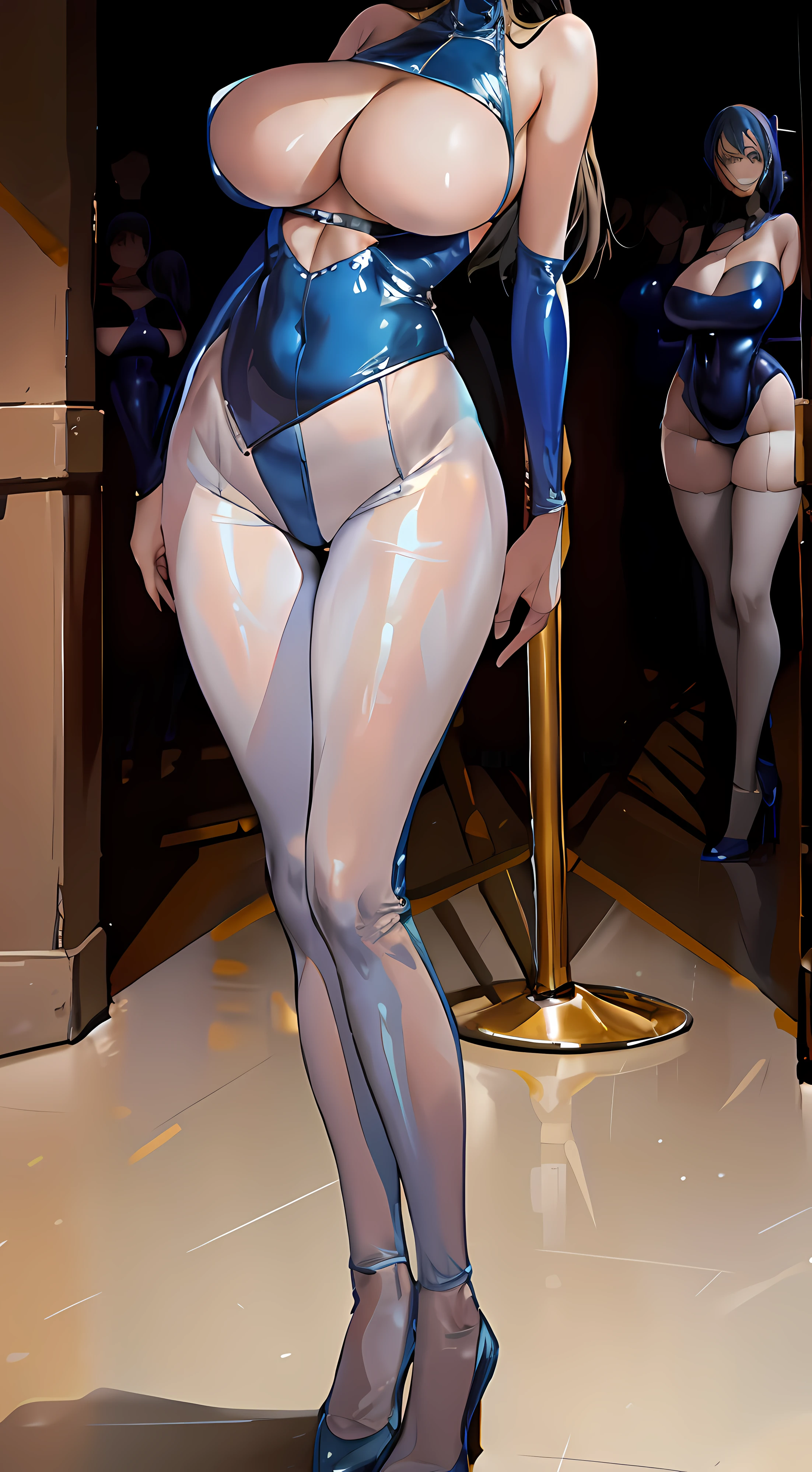 full bodyesbian，Nine women，Stand in a row，One-piece tights，Conjoinment，Blue latex set，Standing on the ground，huge tit，Slim，long leges，Stand up straight，nothing background，Slim，extra long leg，Insert the lower body，Exhibited，Mannequin，