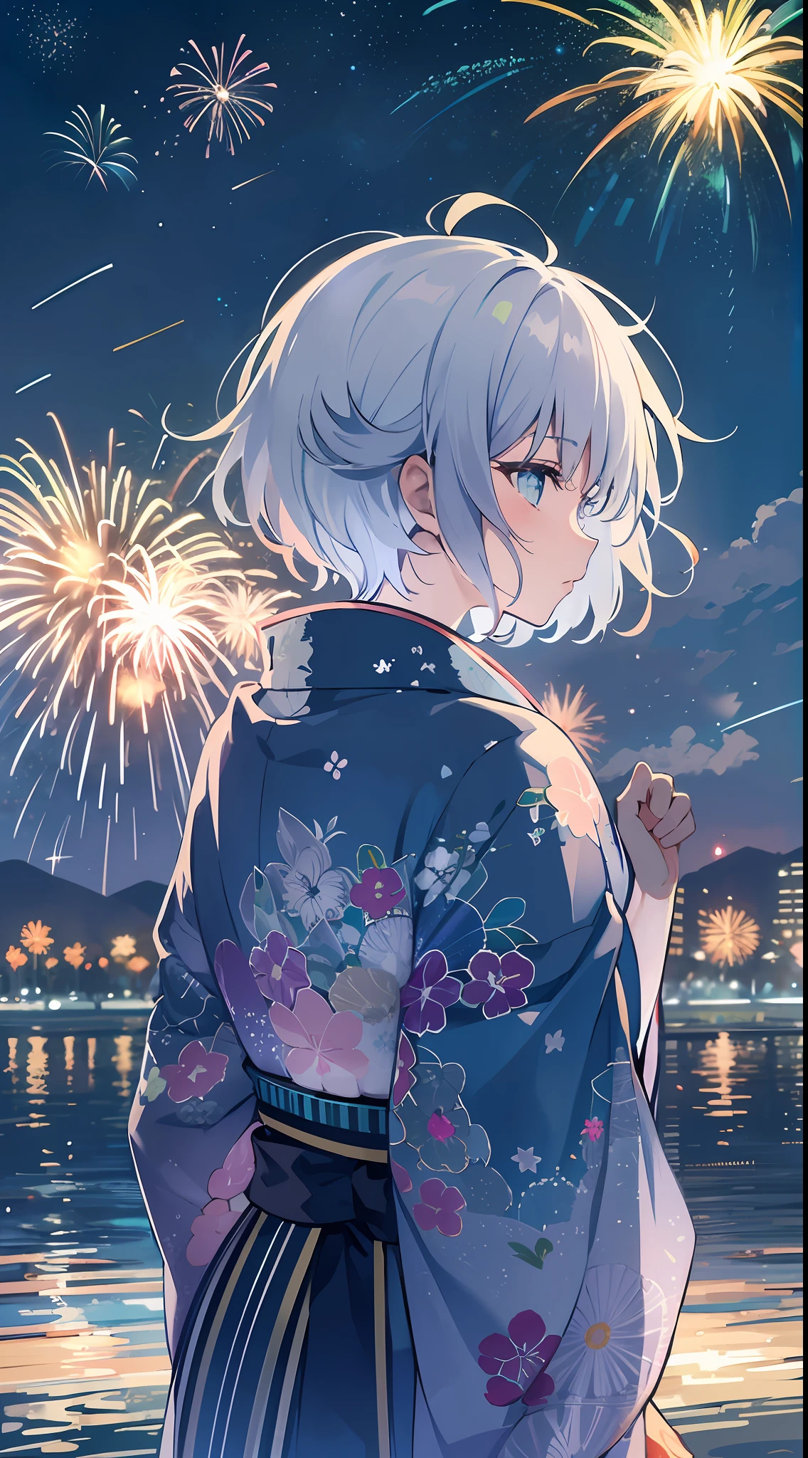 Short-haired woman with silver hair。Wearing a blue kimono。She is tall。Watching fireworks。The starry sky is colorful and shining。It is an anime-style illustration。Beautiful with the best image quality。Fantastical。Standing by the water。Fireworks reflected on the surface of the water