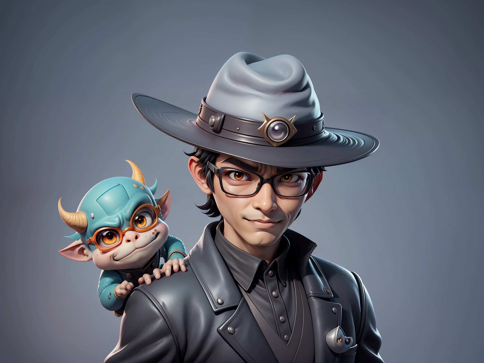 Young man with oriental face in leather hat, dragon, formal suit, short black hair, silver glasses, digital painting, 3D character design by Mark Clairedon and Pixar and Hayao Miyazaki and Akira Toriyama, the illustration is a high-definition illustration in 4K resolution with very detailed facial features and cartoon-style visuals.