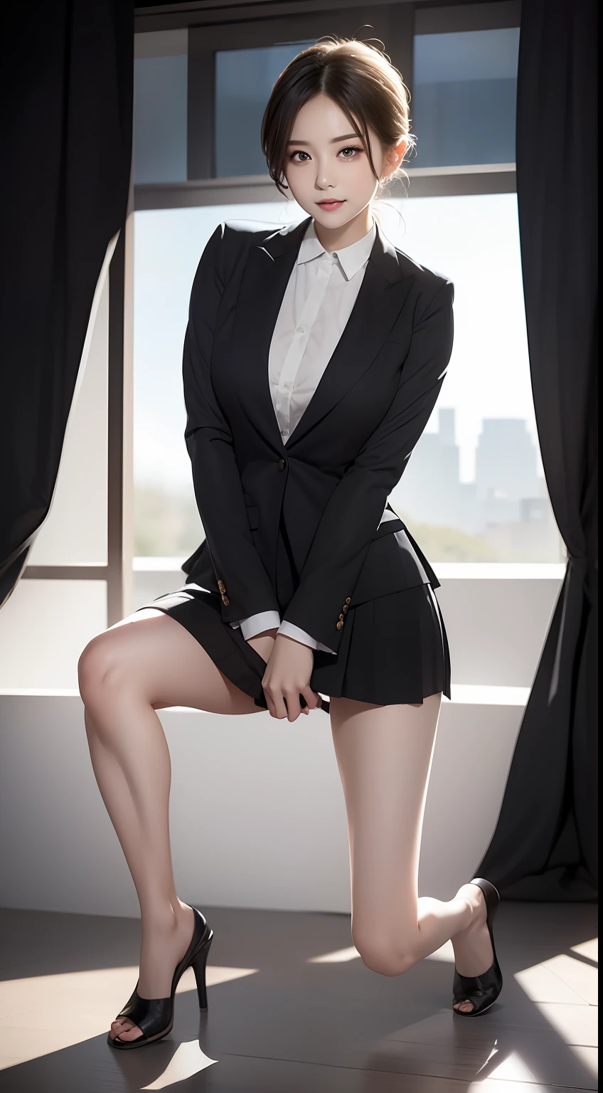 (Masterpiece:1.2), (Best quality), (Full body like:1.3) ,(Ultra detailed), (8K, Intricate), (Lens 135mm,F1.8), (Photorealistic)(Black background:1.3), Portrait photography,(dynamicposes),Side lighting,Edges are lit,Best shadow,Area light source,Perfect anatomy,Perfect face shape,Perfect for women,First-class female body,Refines skin texture,Fine cloth pattern,Meticulous beauty,Delicate and delicate skin,highlydetailed skin,paleskin,Delicate hair,glistning skin,top Quority, realisticlying, 8K, k hd, 1 rapariga, (Full body like:1.3), schools,, blazer jacket, 校服,Visible nipple, with no underpants, The skirt is boldly pulled up, (legs are open), bend the knees and open the legs, The hairstyle is slightly shorter, Open your legs by grasping your knees with your hands, Buttoned shirt flutters