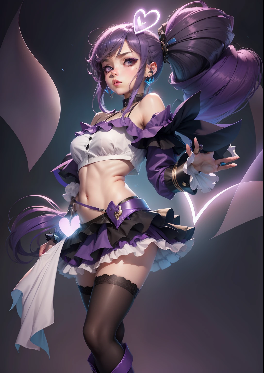 magical_warriors, 1boy, Handsome, Junior high school boys, genderswap, genderswap_(ftm),heart, solo, heart_hair_ornament, choker, long_hair, aono_miki, cure_berry, blue_background, skirt, drill_hair, eyelashes, hair_ornament, midriff, knee_boots, jewelry, blue_skirt, purple_hair, boots, gradient_background, wrist_cuffs, earrings, gradient, flat_breasts, flat_chest, rating:safe, bow, thighhighs, navel, purple_eyes, frills, ponytail, serious, blue_choker, arm_warmers, hairpin, ribbon, waist_bow, purple_background, frilled_skirt, brooch, sketch, zettai_ryouiki, black_legwear, curly_hair, , heart_earrings, shirt,navel baring、white_crop_top、
